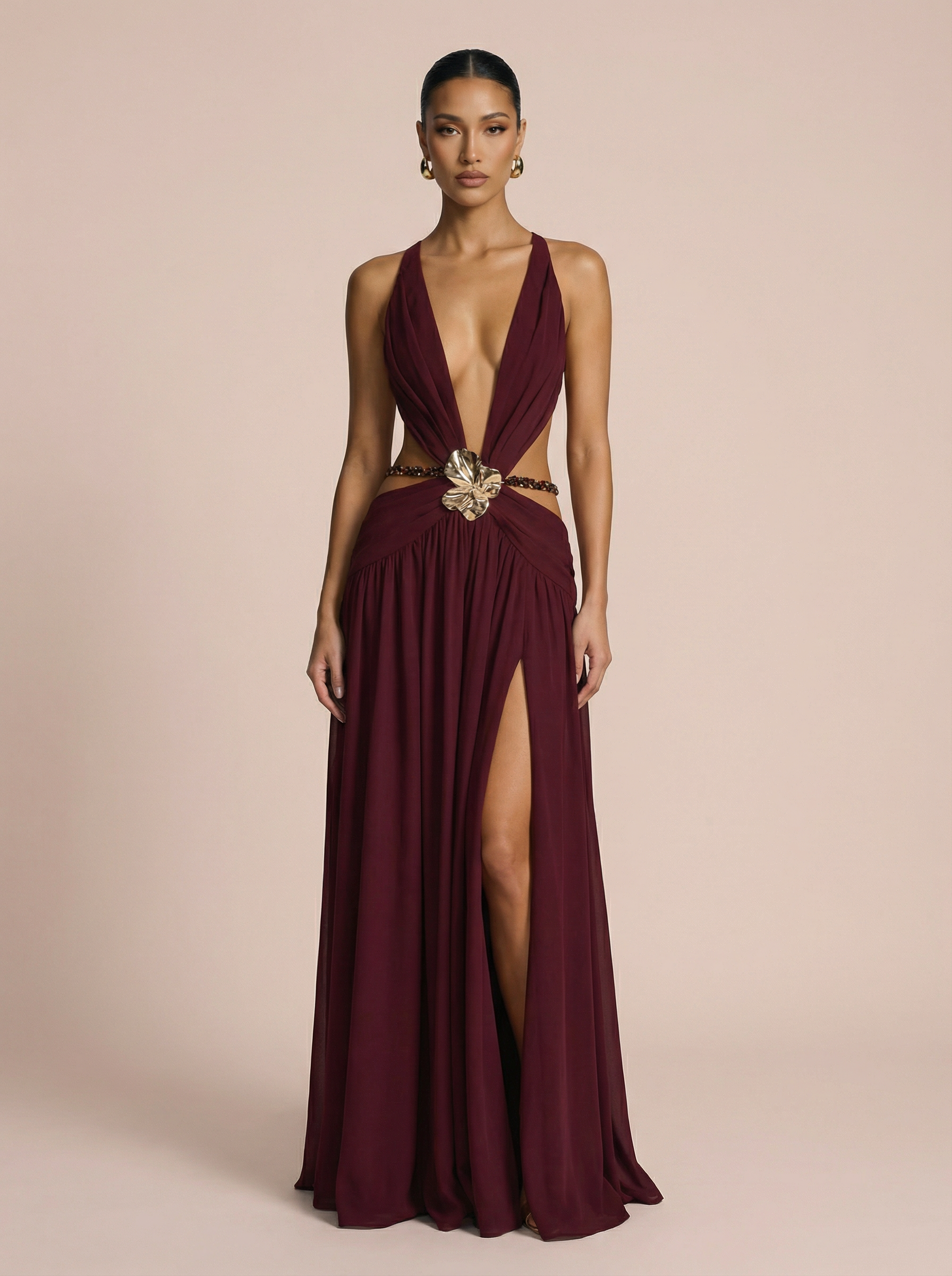 Anotella V-Neck Cut Out Backless No Belt Maxi Dress - Nubae