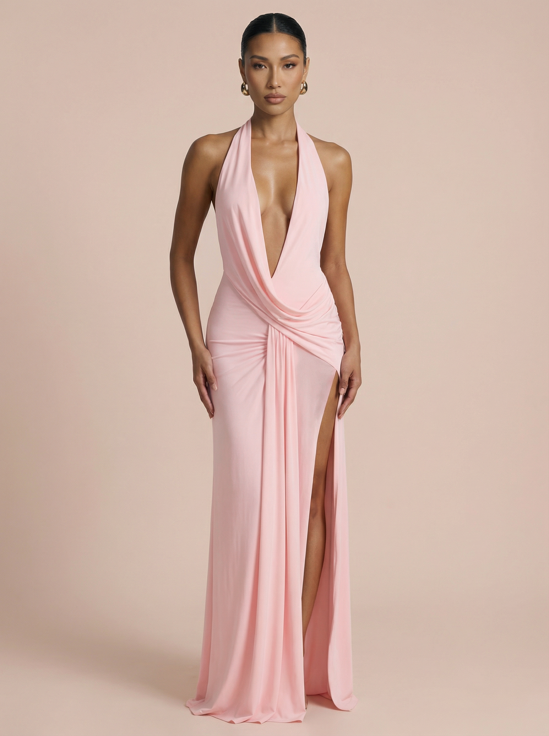 Makena Halter Deep V Neck Backless Maxi - Nubae