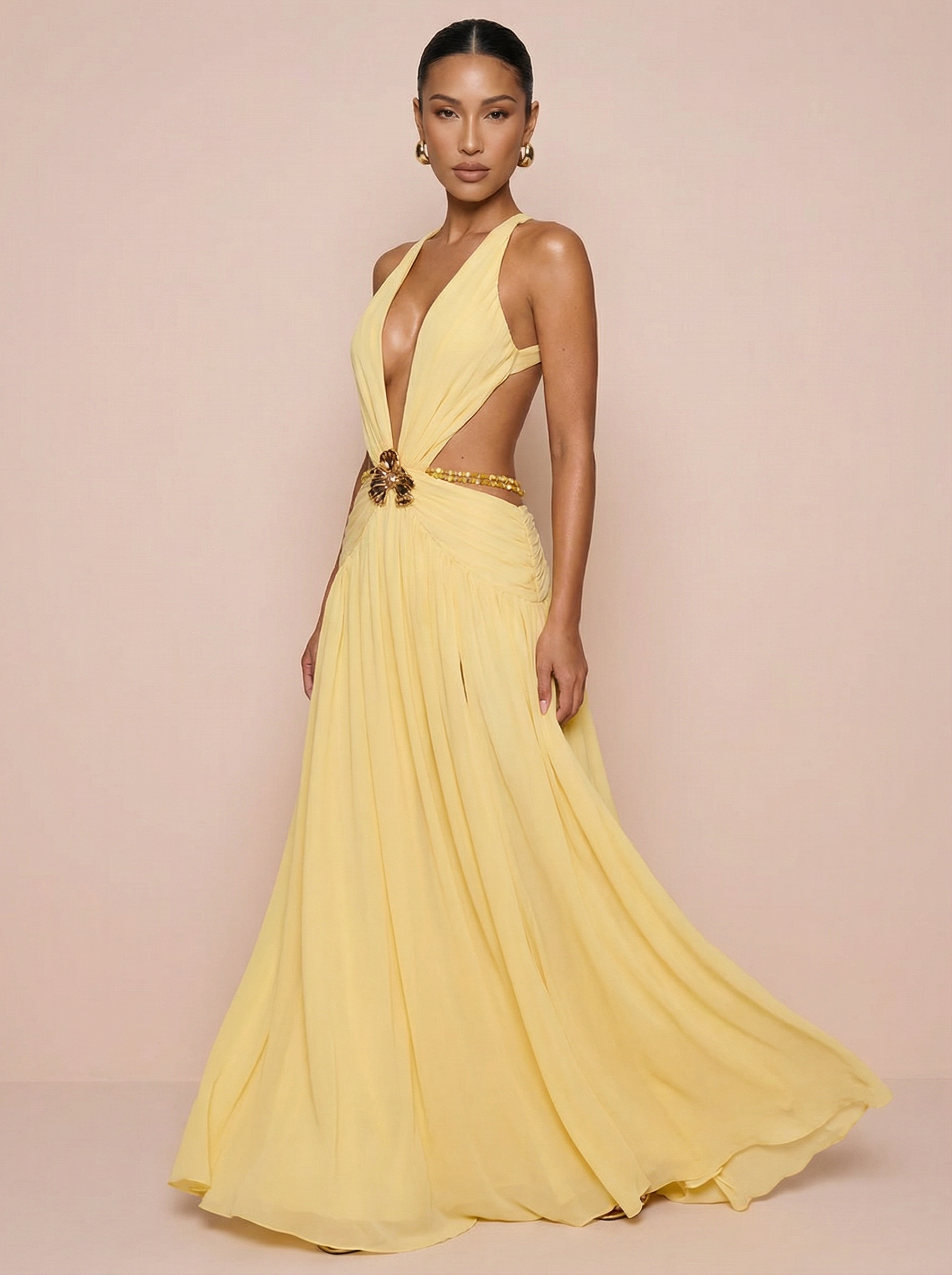 Anotella V-Neck Cut Out Backless No Belt Maxi Dress - Nubae