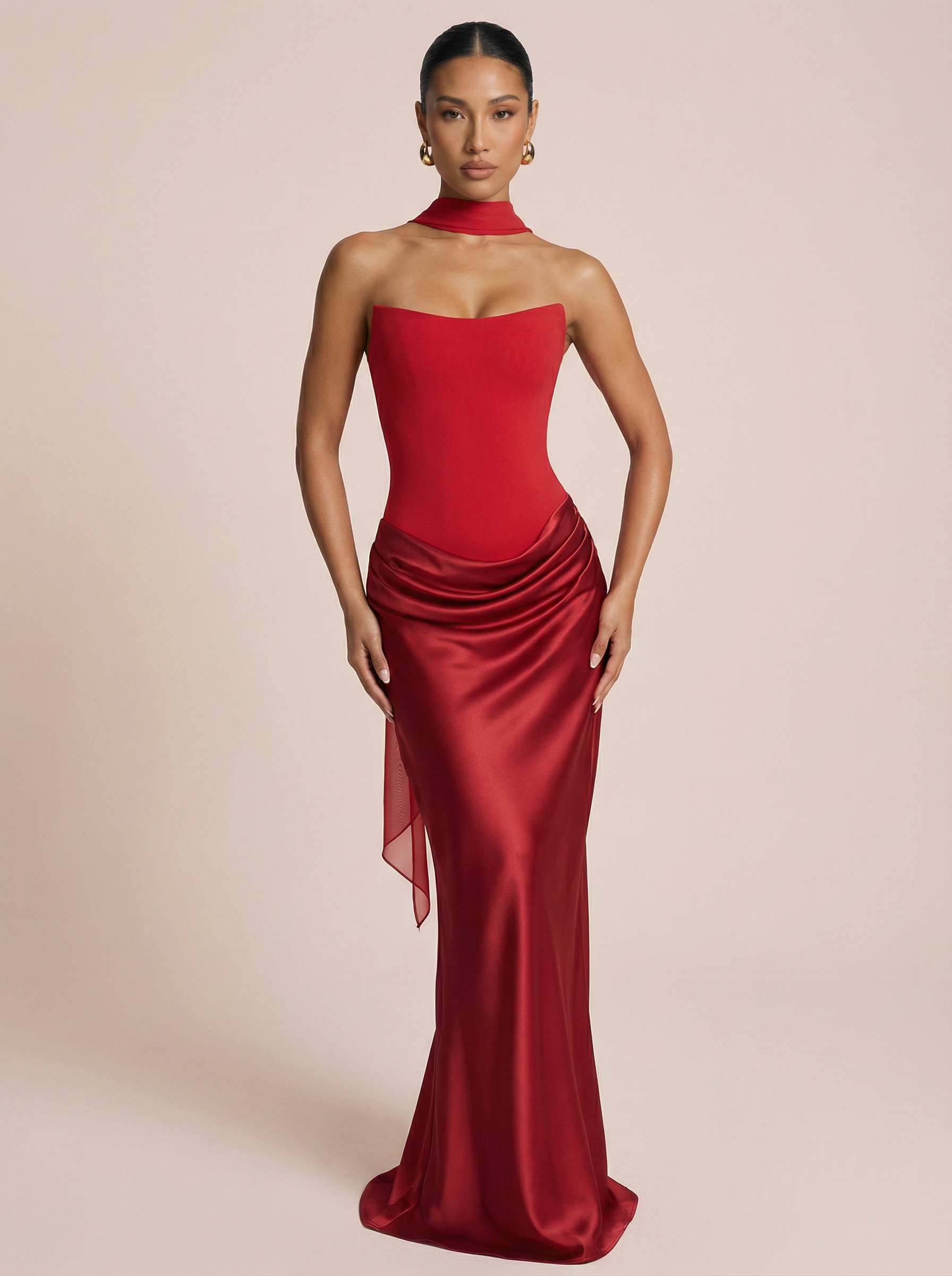 Eliana Satin Scarf Pleated Strapless Sleeveless Maxi Dress - Nubae