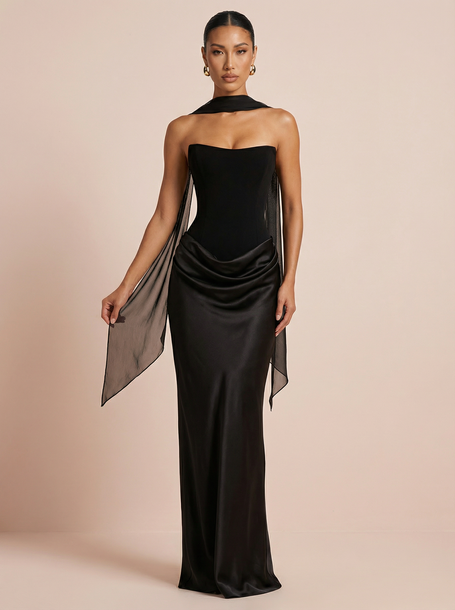 Eliana Satin Scarf Pleated Strapless Sleeveless Maxi Dress - Nubae