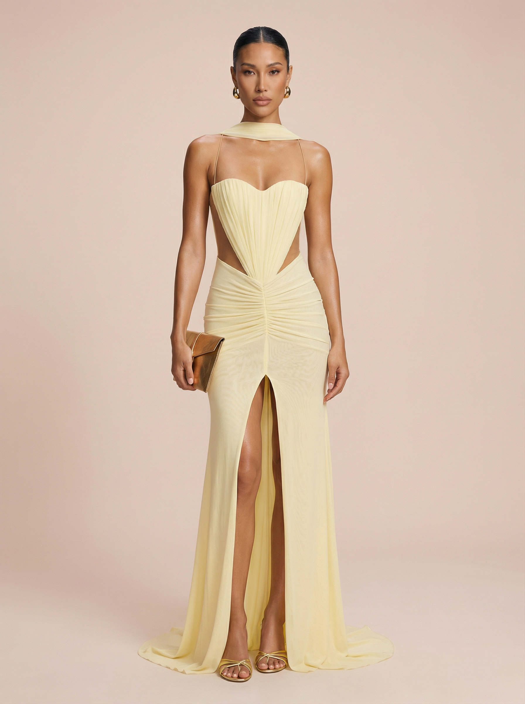 Jarrisa Yellow Sleeveless Ruched Maxi Dress - Nubae