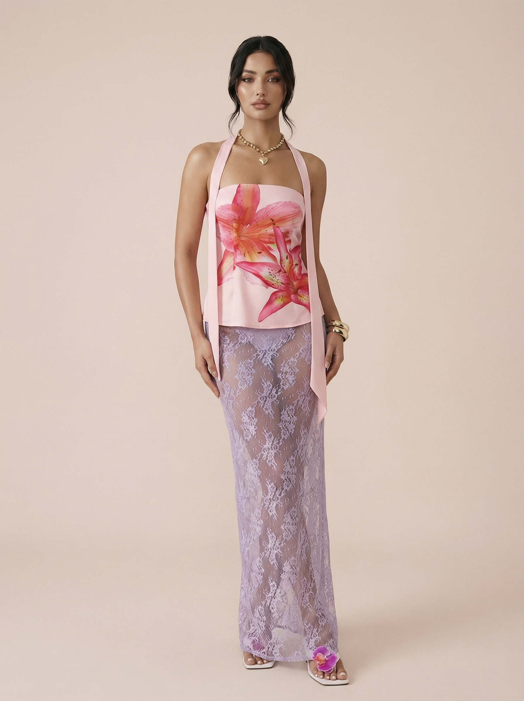 Ivanna Strapless Print Floral Ribbon Two Piece Set - Nubae
