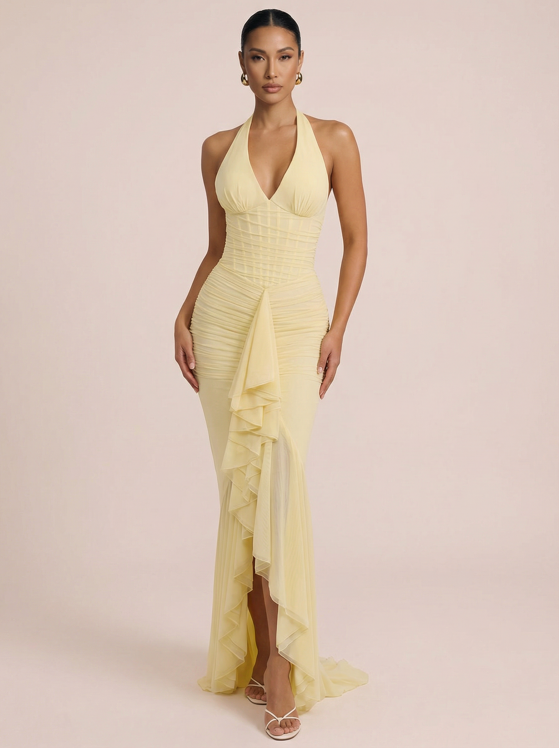 Isodelle Yellow Mesh Deep V Neck Maxi Dress - Nubae