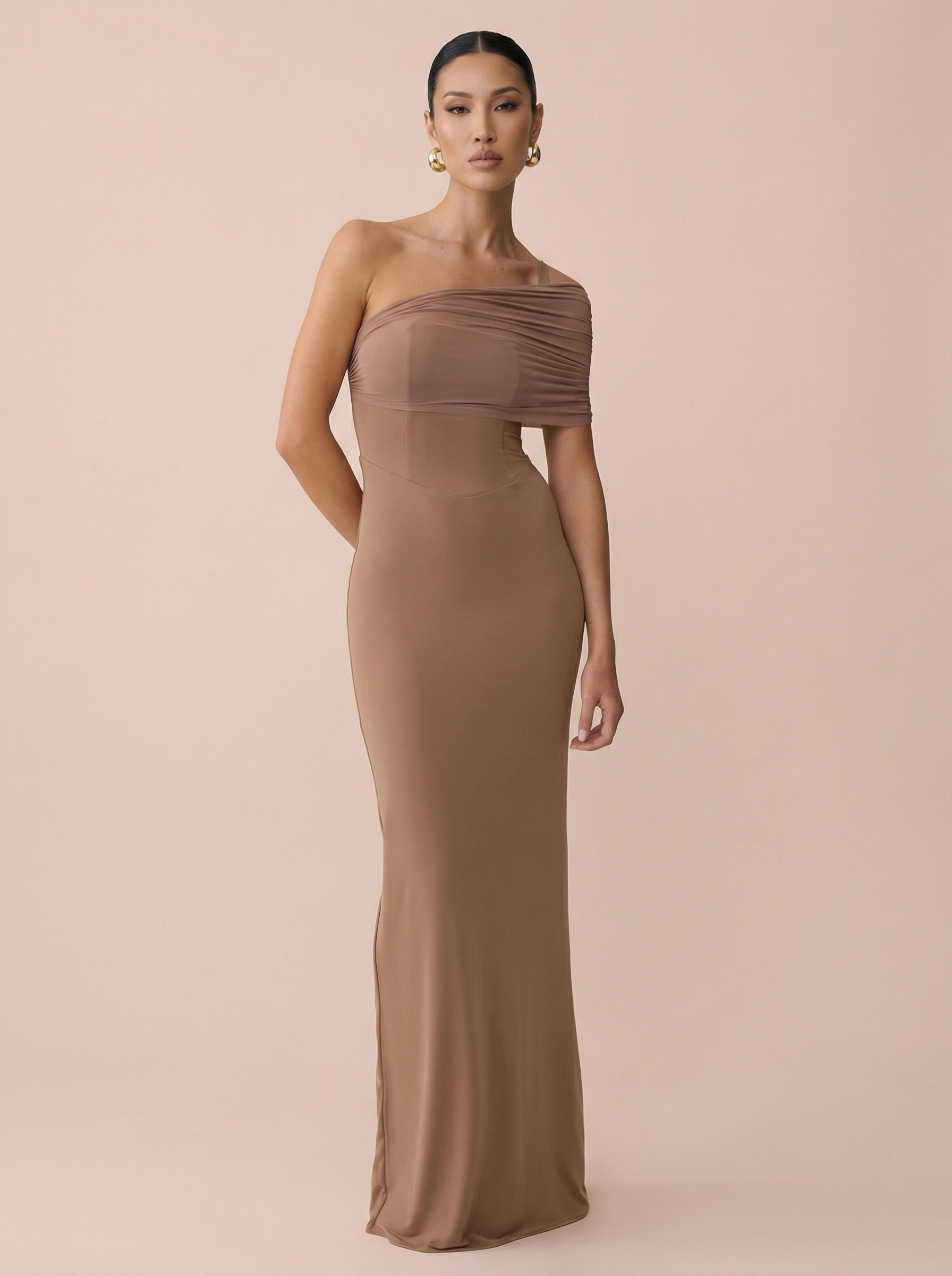 Darla Brown One Shoulder Mesh Maxi Dress - Nubae