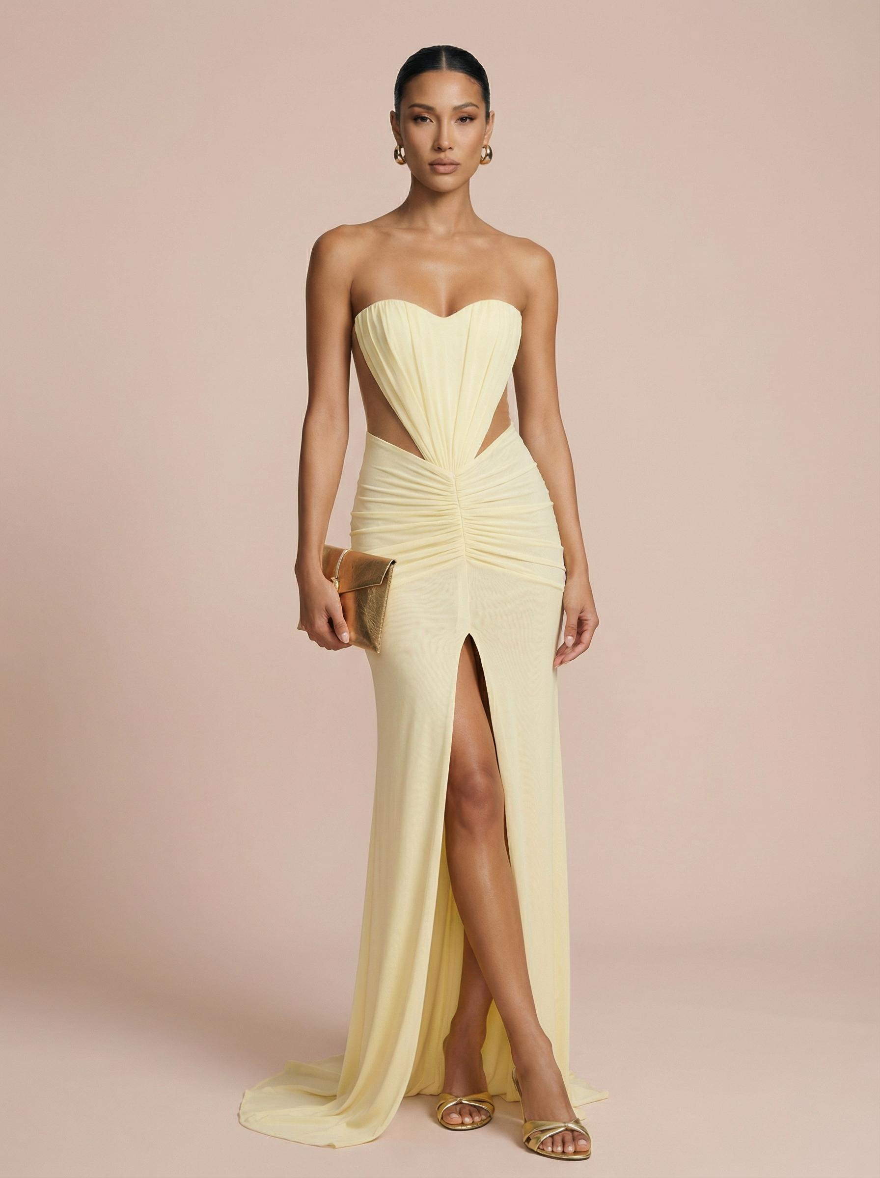 Jarrisa Yellow Sleeveless Ruched Maxi Dress - Nubae