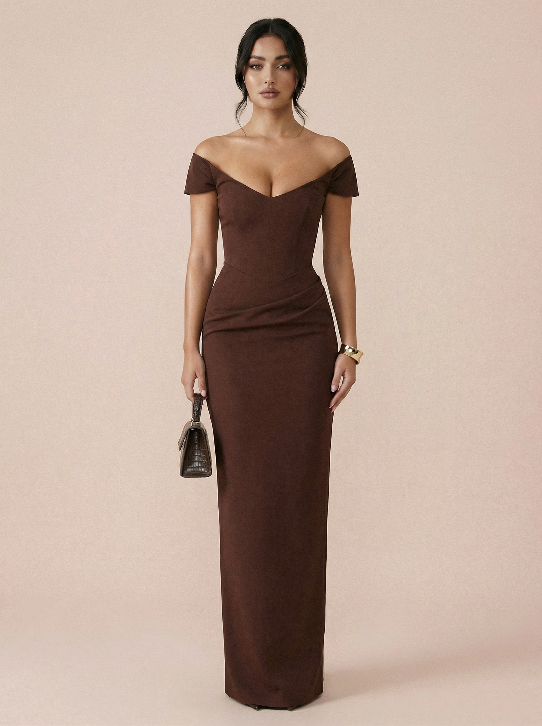 Wavelle Brown V Neck Short Sleeve Maxi Dress - Nubae