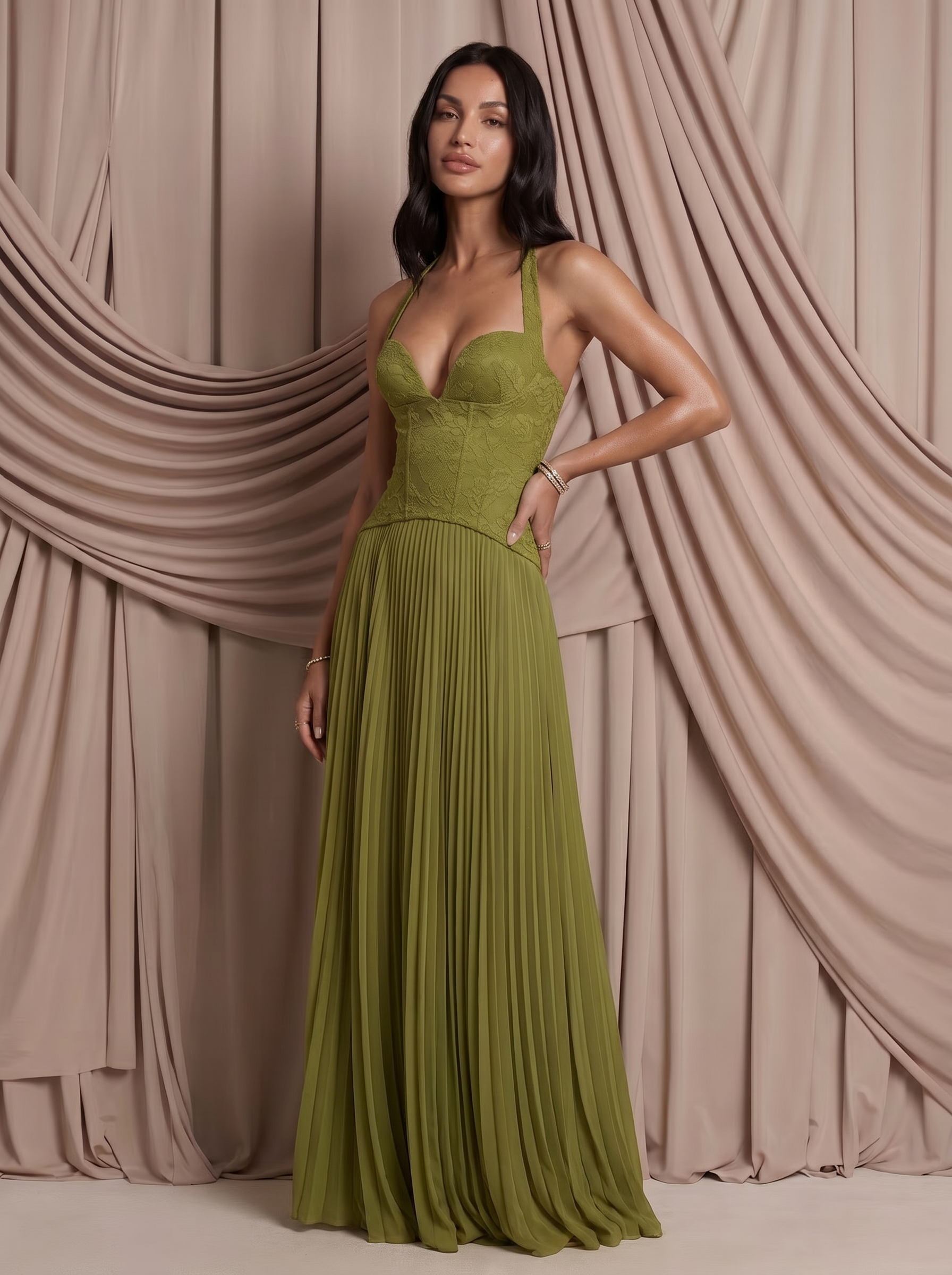 Jordana Green Corset Halter Long Maxi Dress - Nubae
