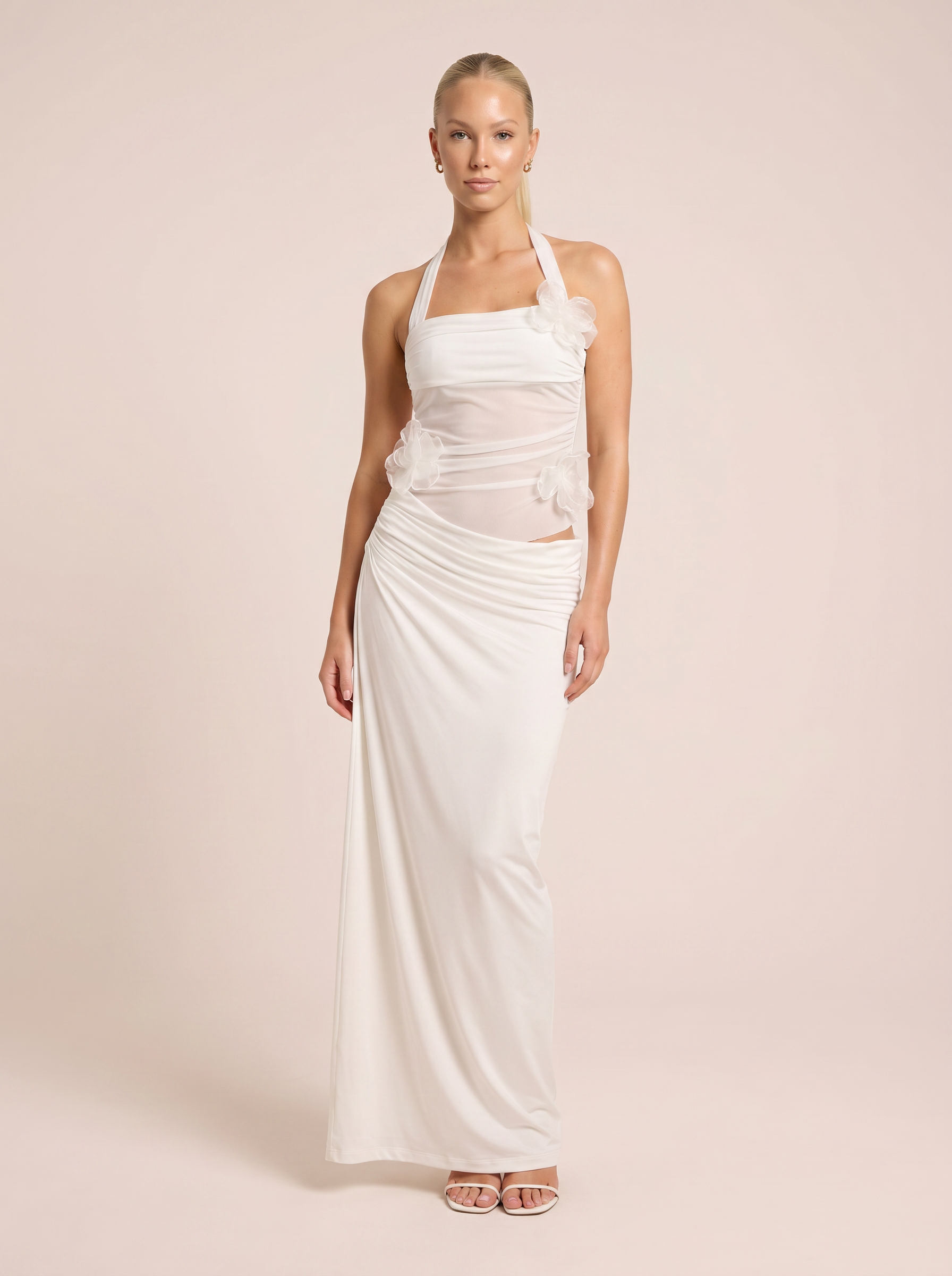 Yavina White 3D Applique Floral Mesh Maxi Dress - Nubae