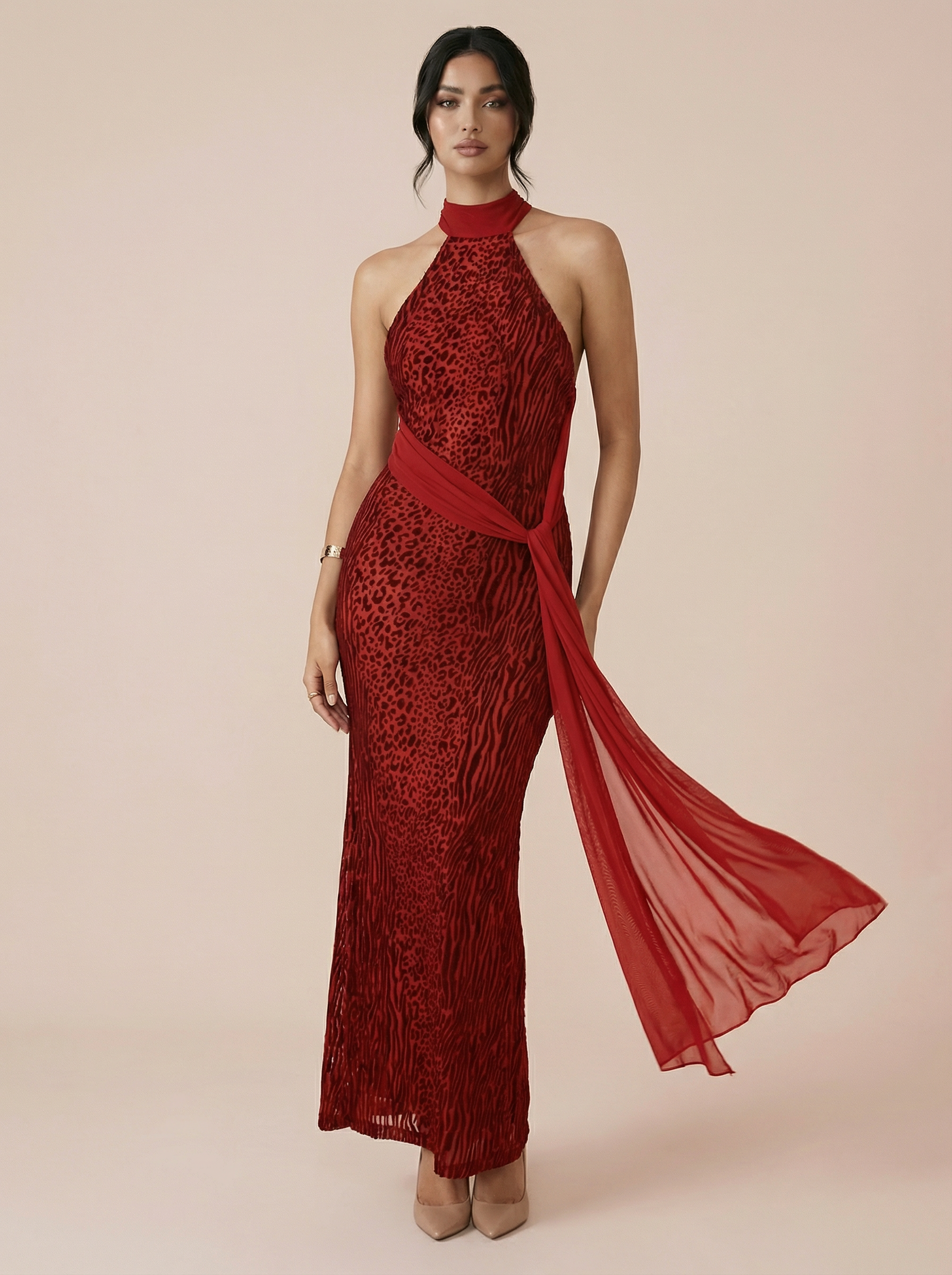 Keylra Red Mesh Leopard Print Striped Maxi Dress - Nubae