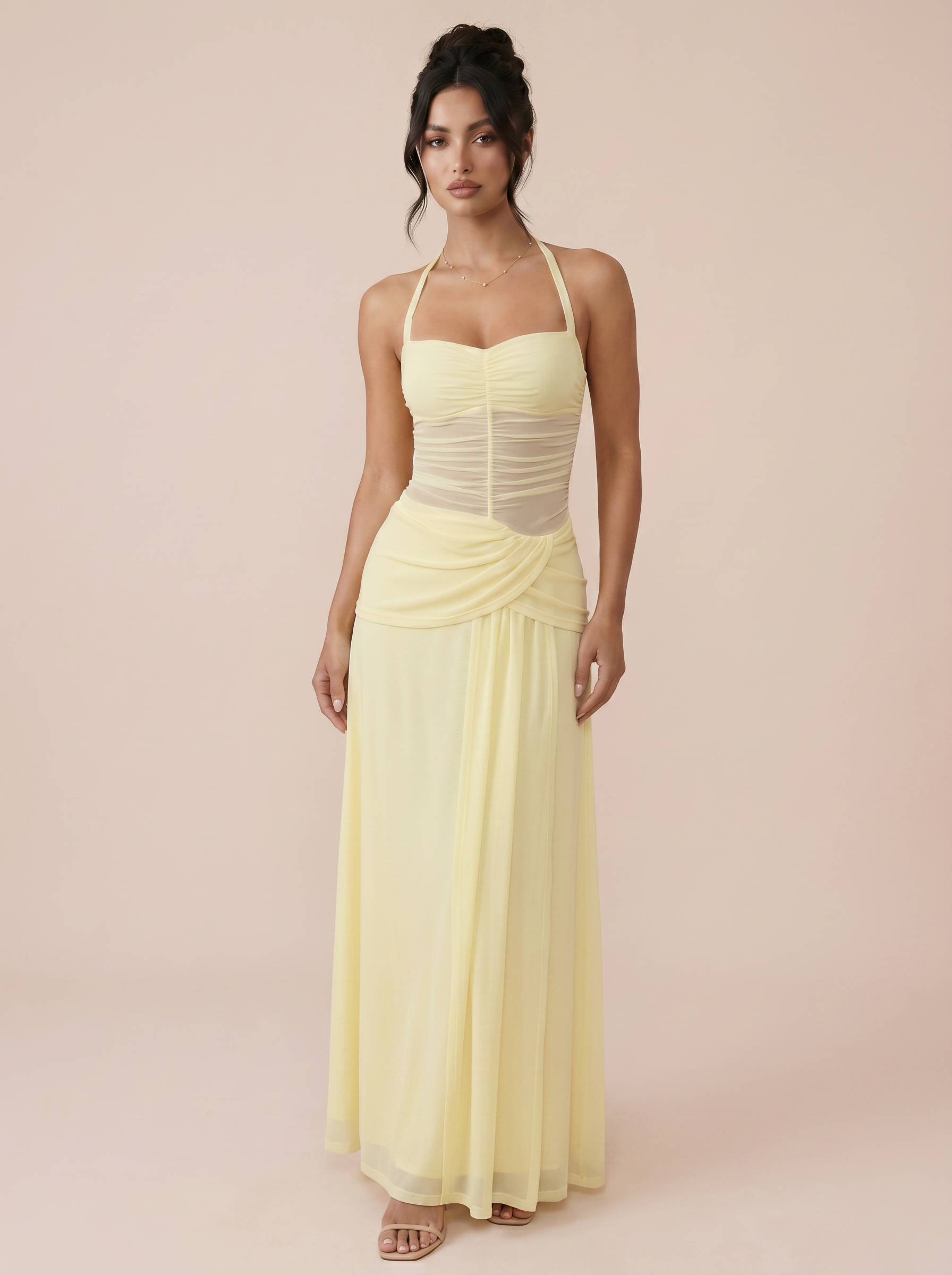 Nola Yellow Halterneck Mesh Maxi Dress - Nubae
