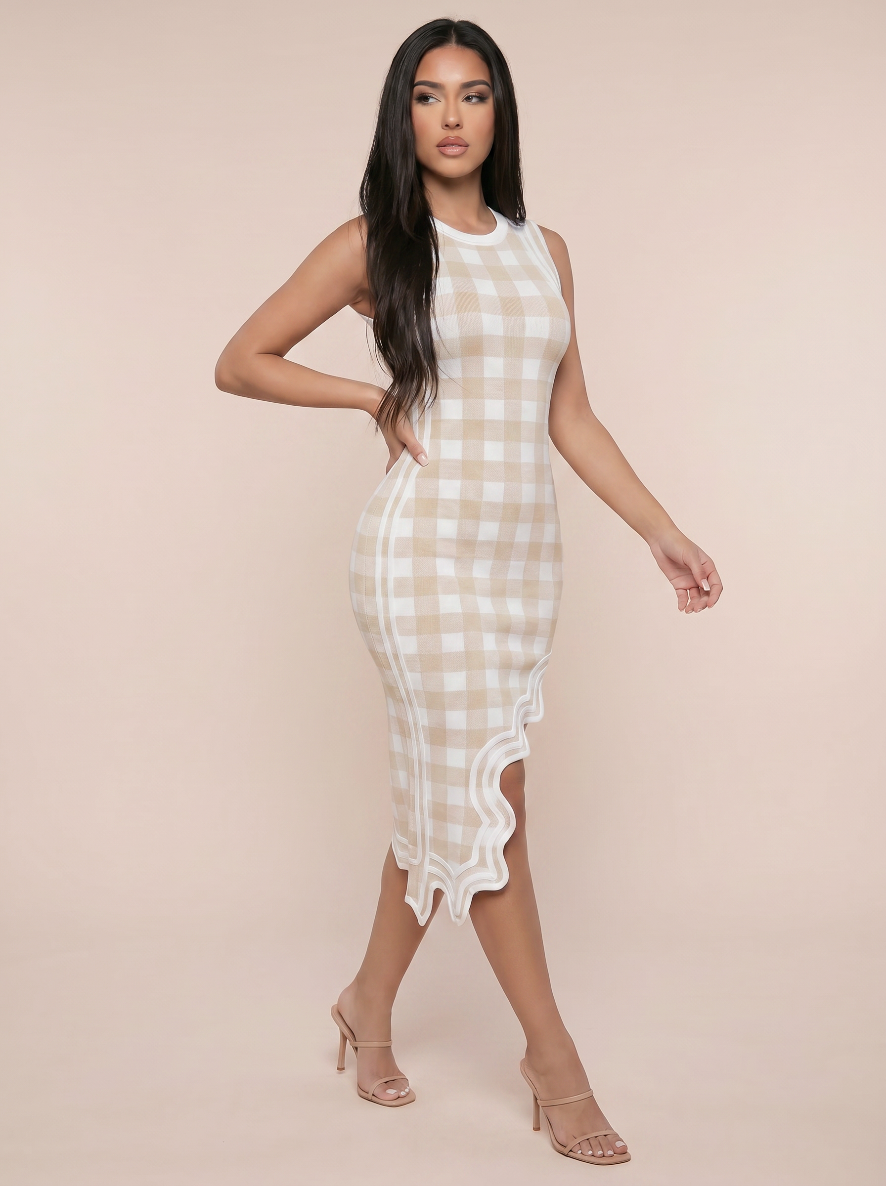 Maren Plaid Asymmetrical Bodycon Bandage Maxi Dress - Nubae