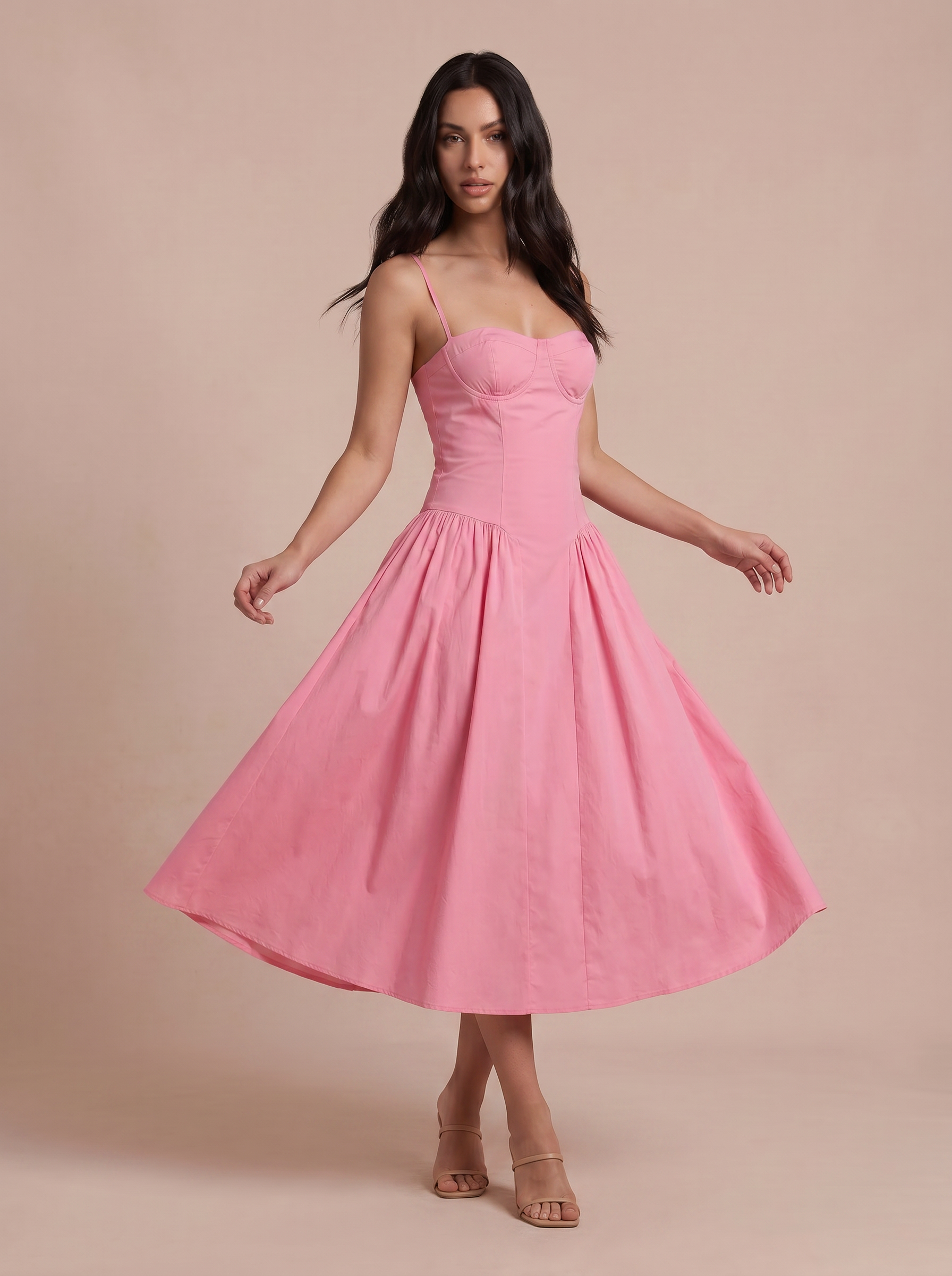 Alexi Pink Corset Spaghetti Strap Midi Sundress Dress - Nubae