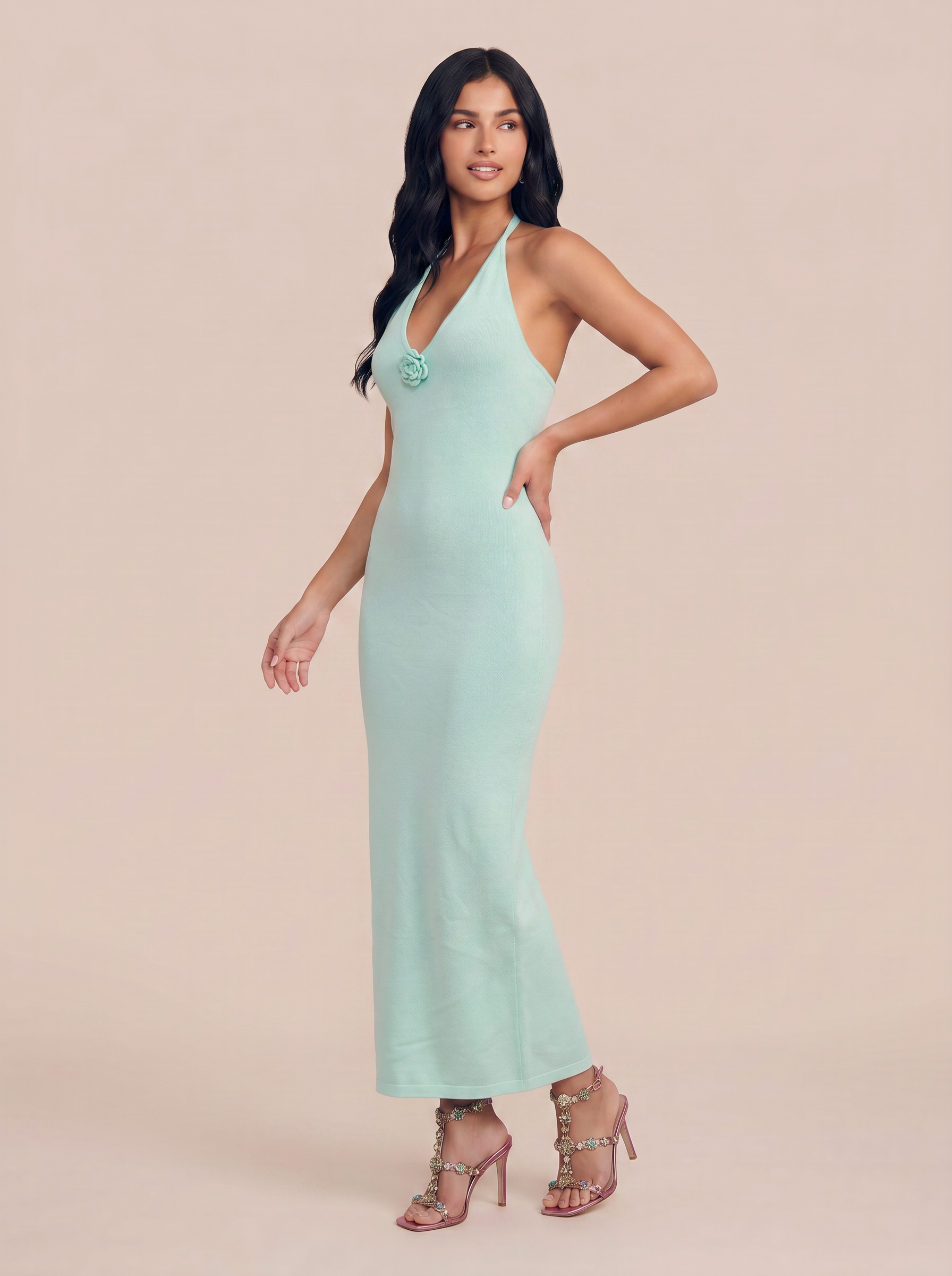 Andrea Green Knit Halter Summer Maxi Dress - Nubae