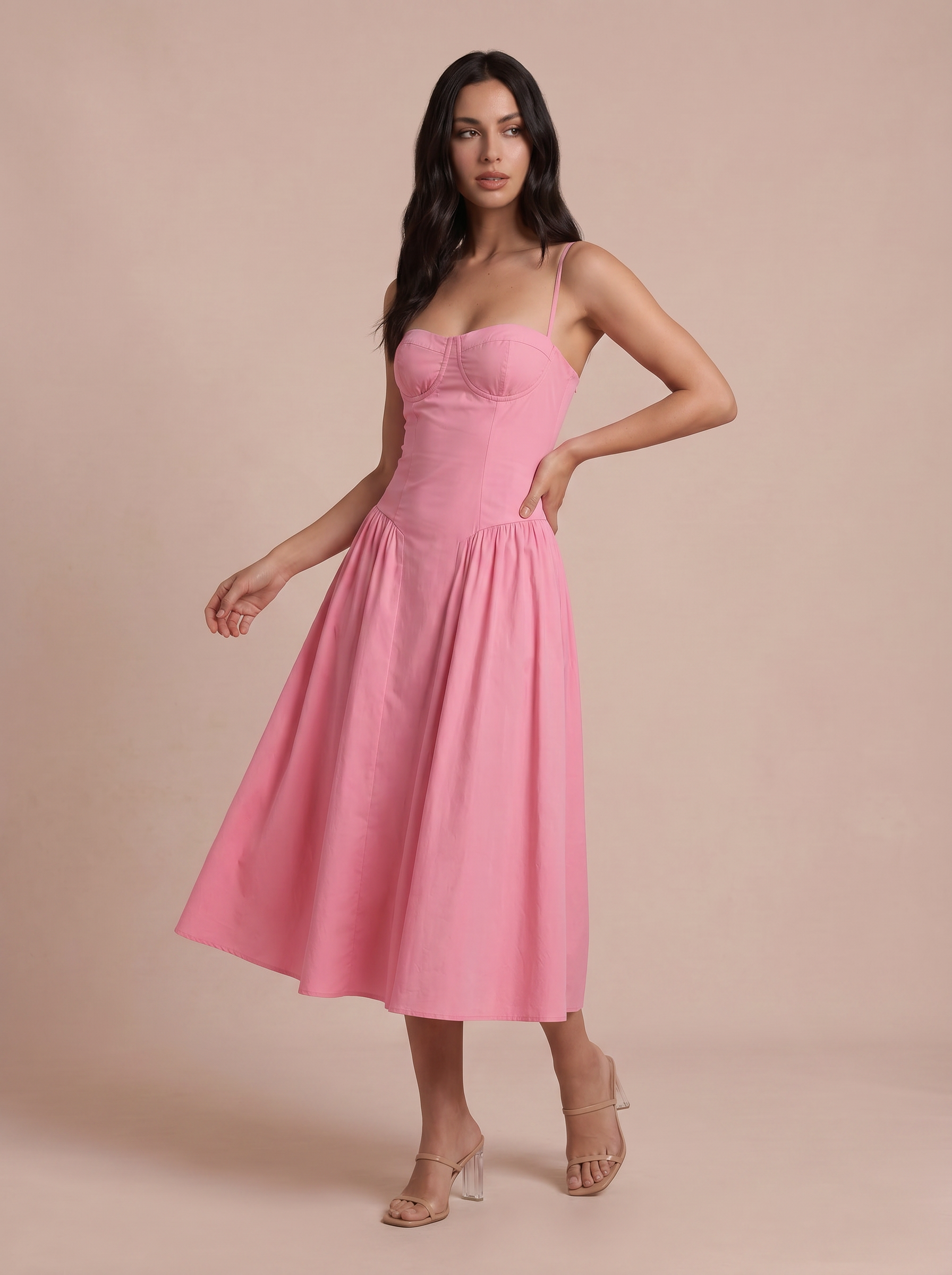 Alexi Pink Corset Spaghetti Strap Midi Sundress Dress - Nubae