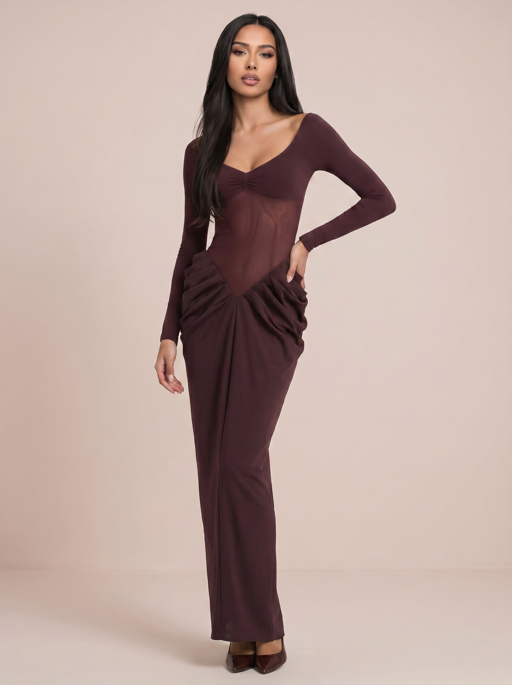 Senau Scoop Neck Long Sleeve Bodycon Maxi Dress - Nubae