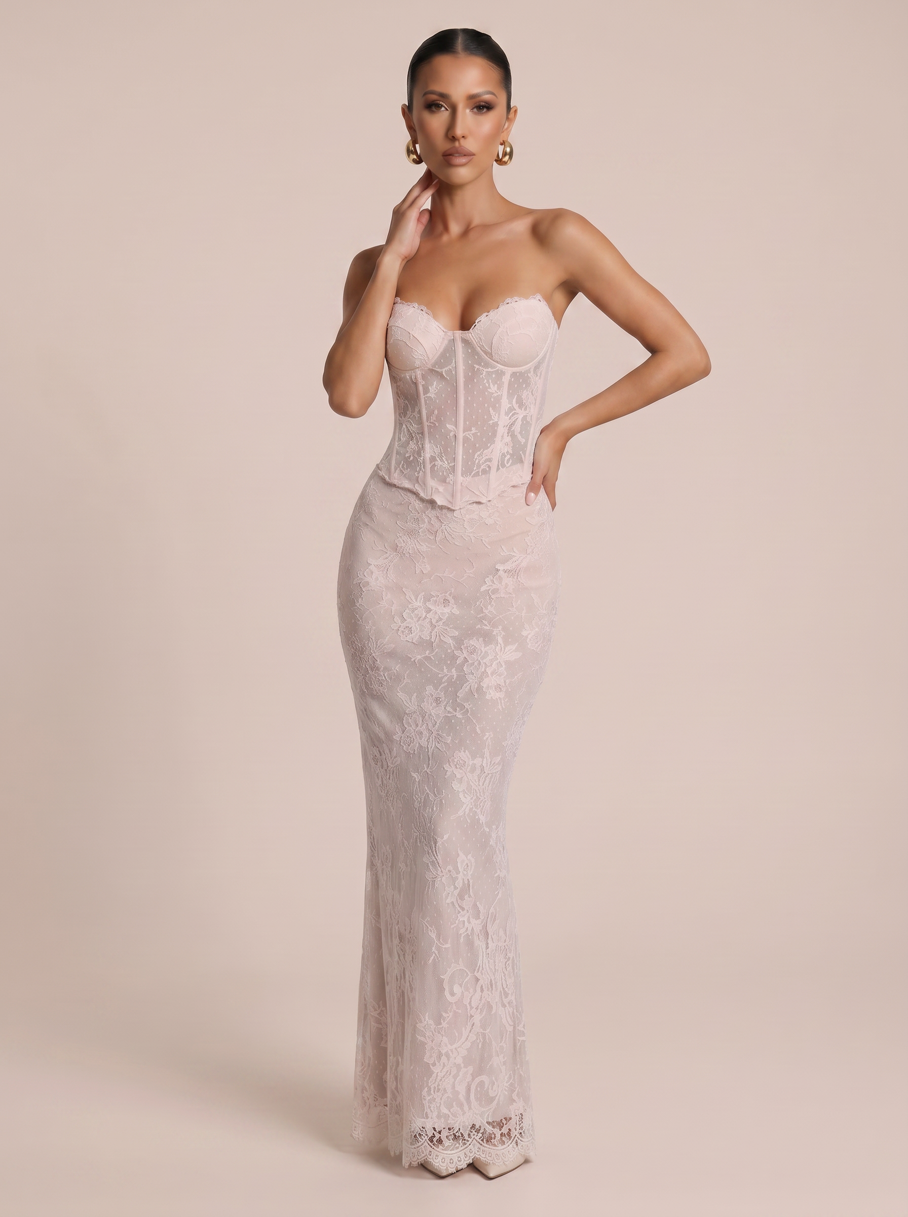 Junia Blush Pink Lace Strapless Corset Handmade Maxi Dress - Nubae