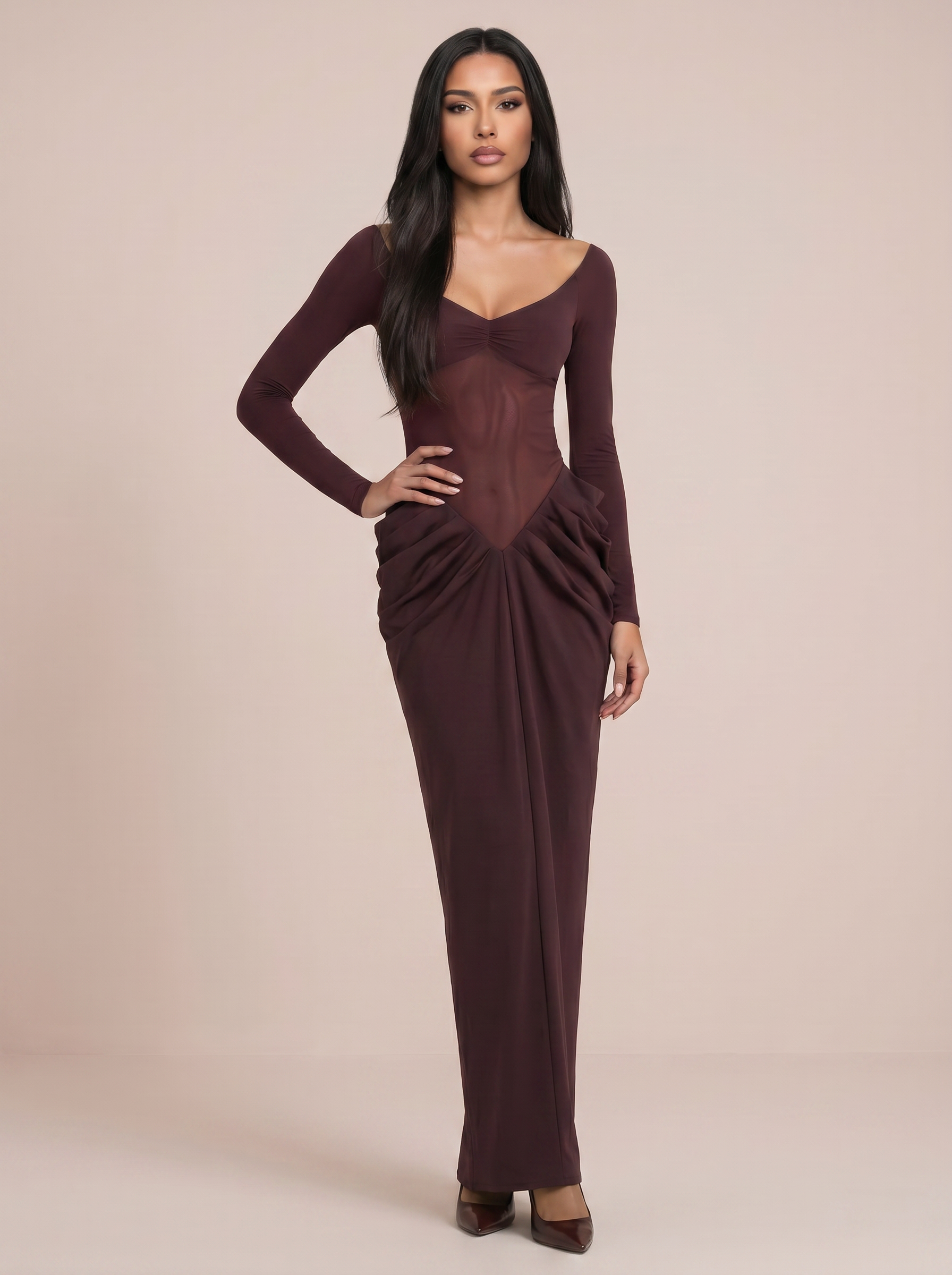 Senau Scoop Neck Long Sleeve Bodycon Maxi Dress - Nubae