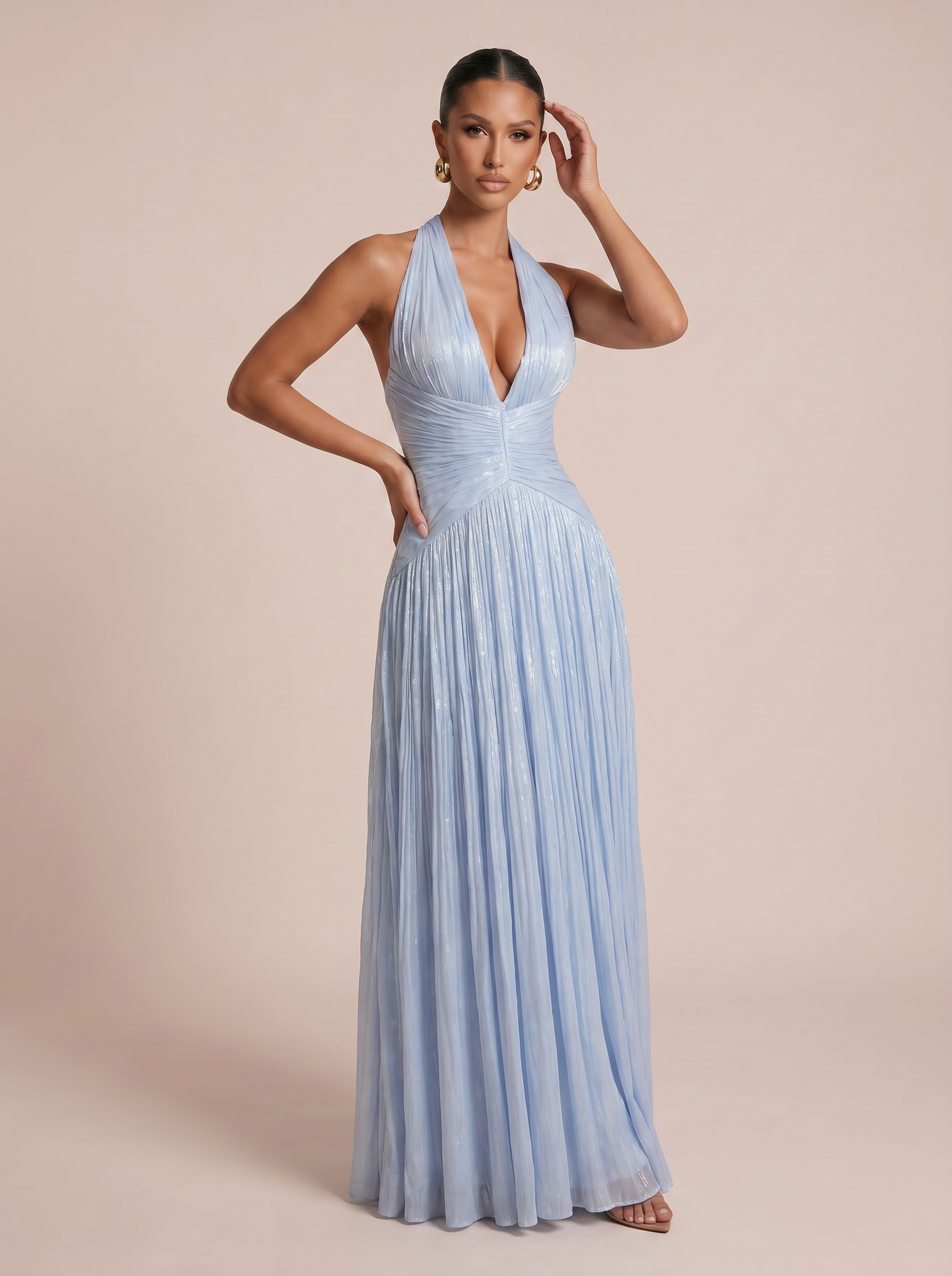 Simia Blue Elegant V Neck Sleeveless Maxi Dress - Nubae