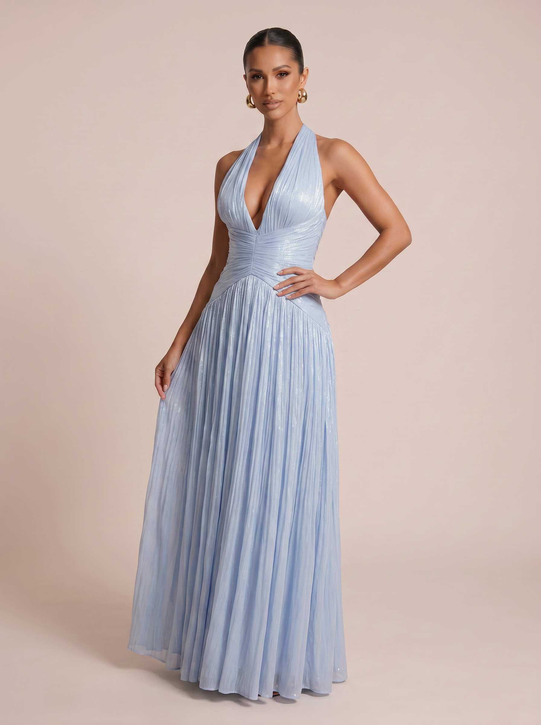Simia Blue Elegant V Neck Sleeveless Maxi Dress - Nubae