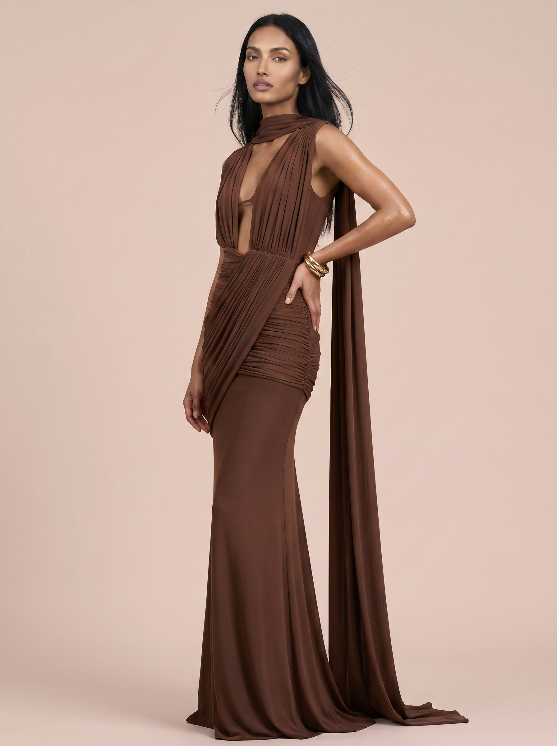 Paloma Brown Halter Sleeveless Scarf Maxi Dress - Nubae