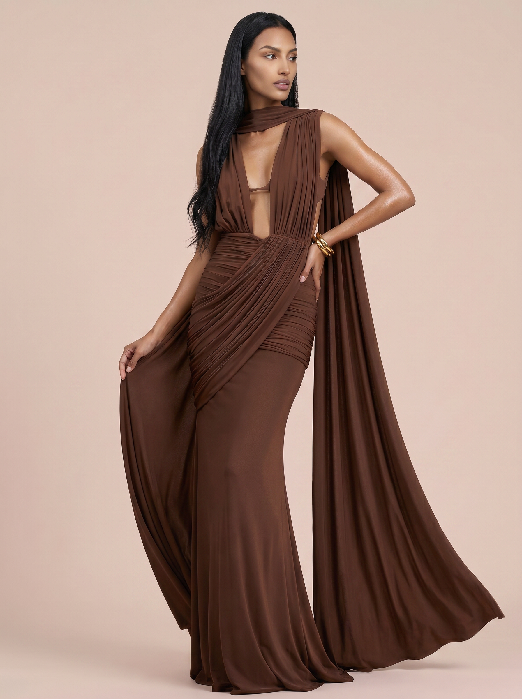 Paloma Brown Halter Sleeveless Scarf Maxi Dress - Nubae