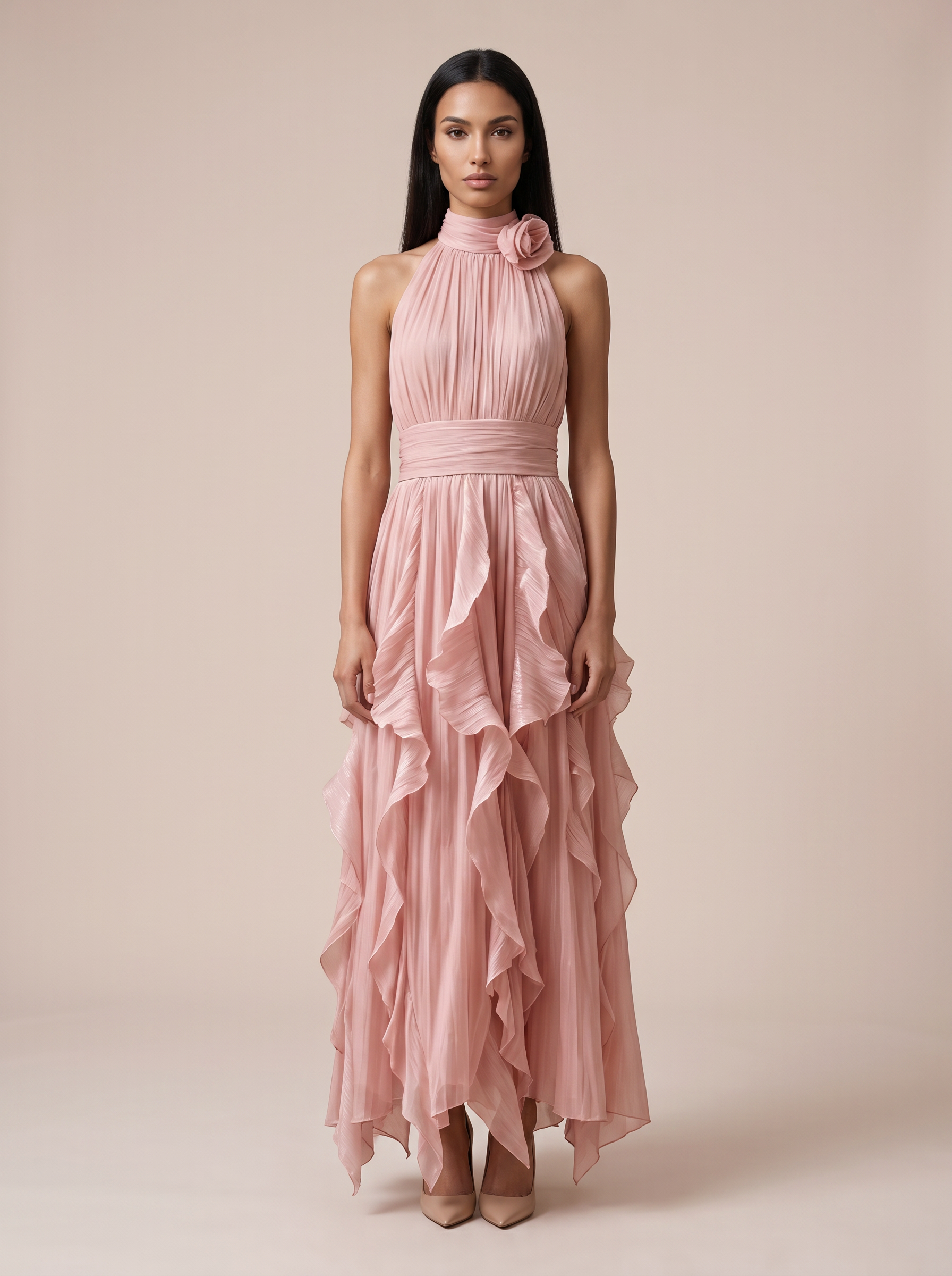 Emerea Halter Ruffle Flower Sleeveless Maxi Dress - Nubae
