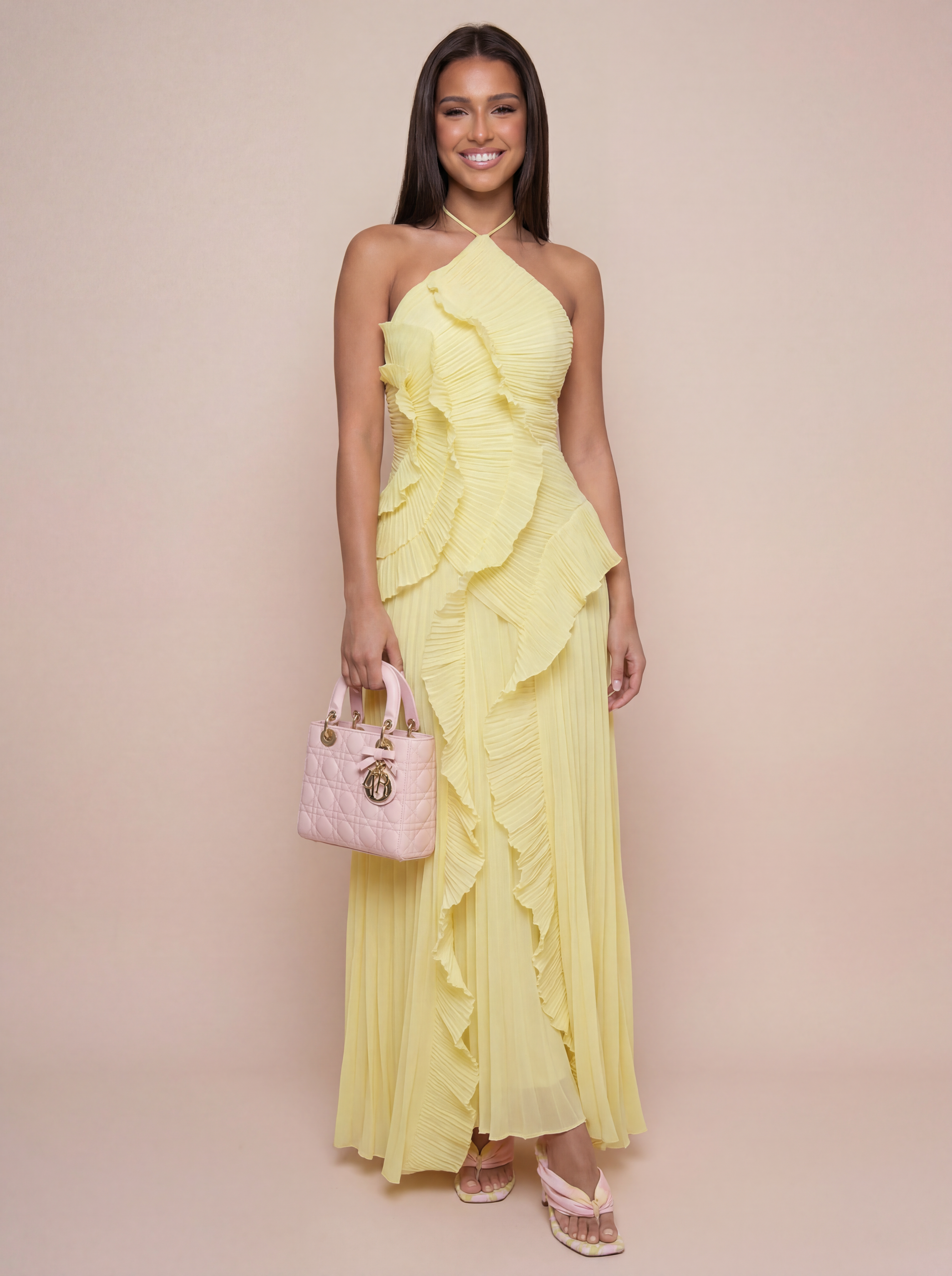 Adele Elegant Halter A Line Ruffle Maxi Dress - Nubae