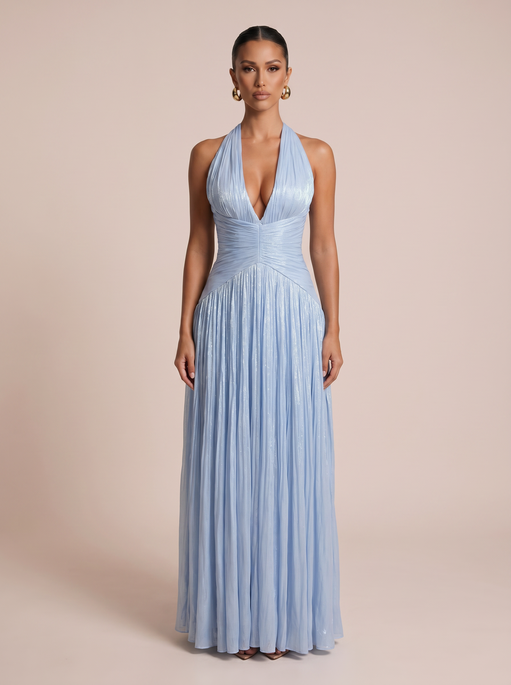 Simia Blue Elegant V Neck Sleeveless Maxi Dress - Nubae
