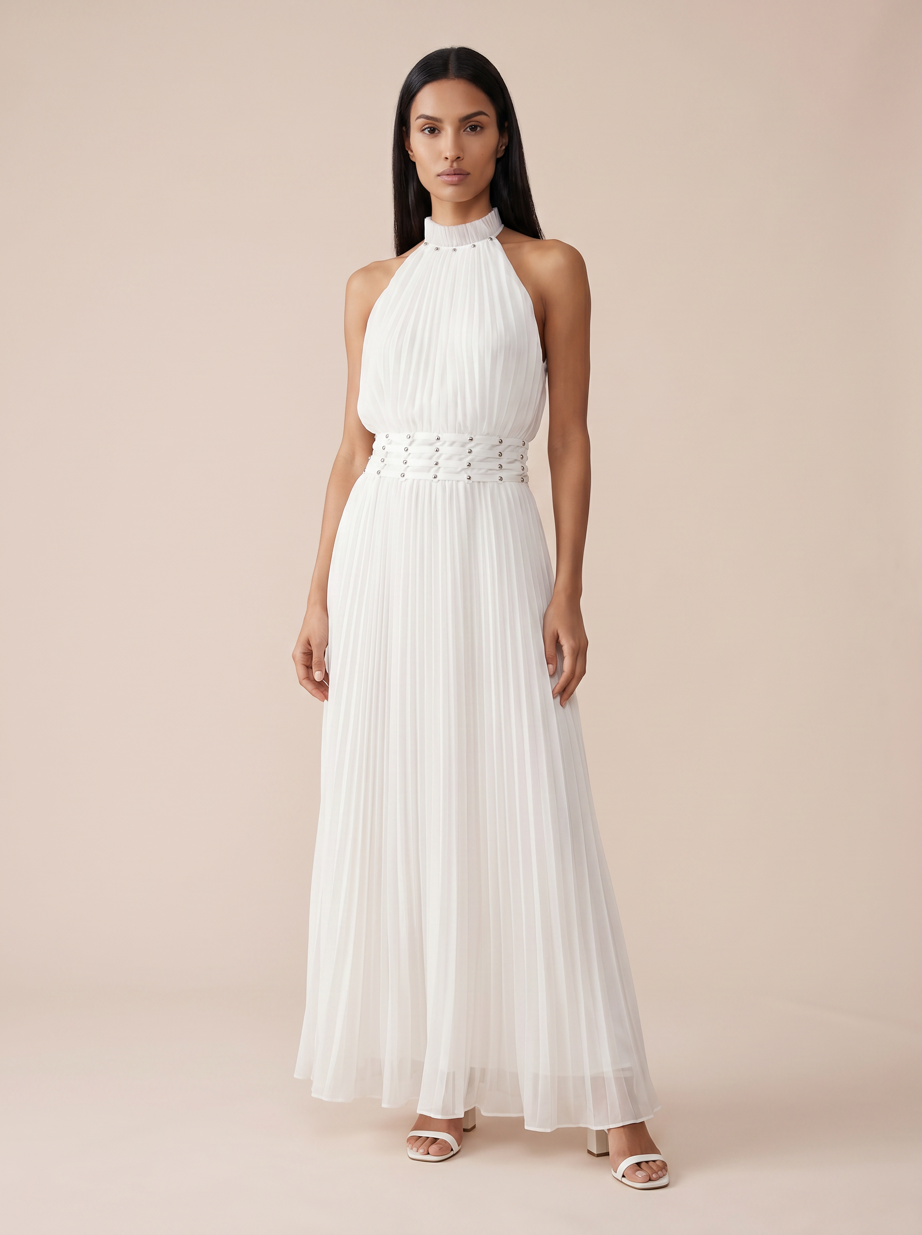 Zinai White Pleated Collar Sleeveless Maxi Dress - Nubae