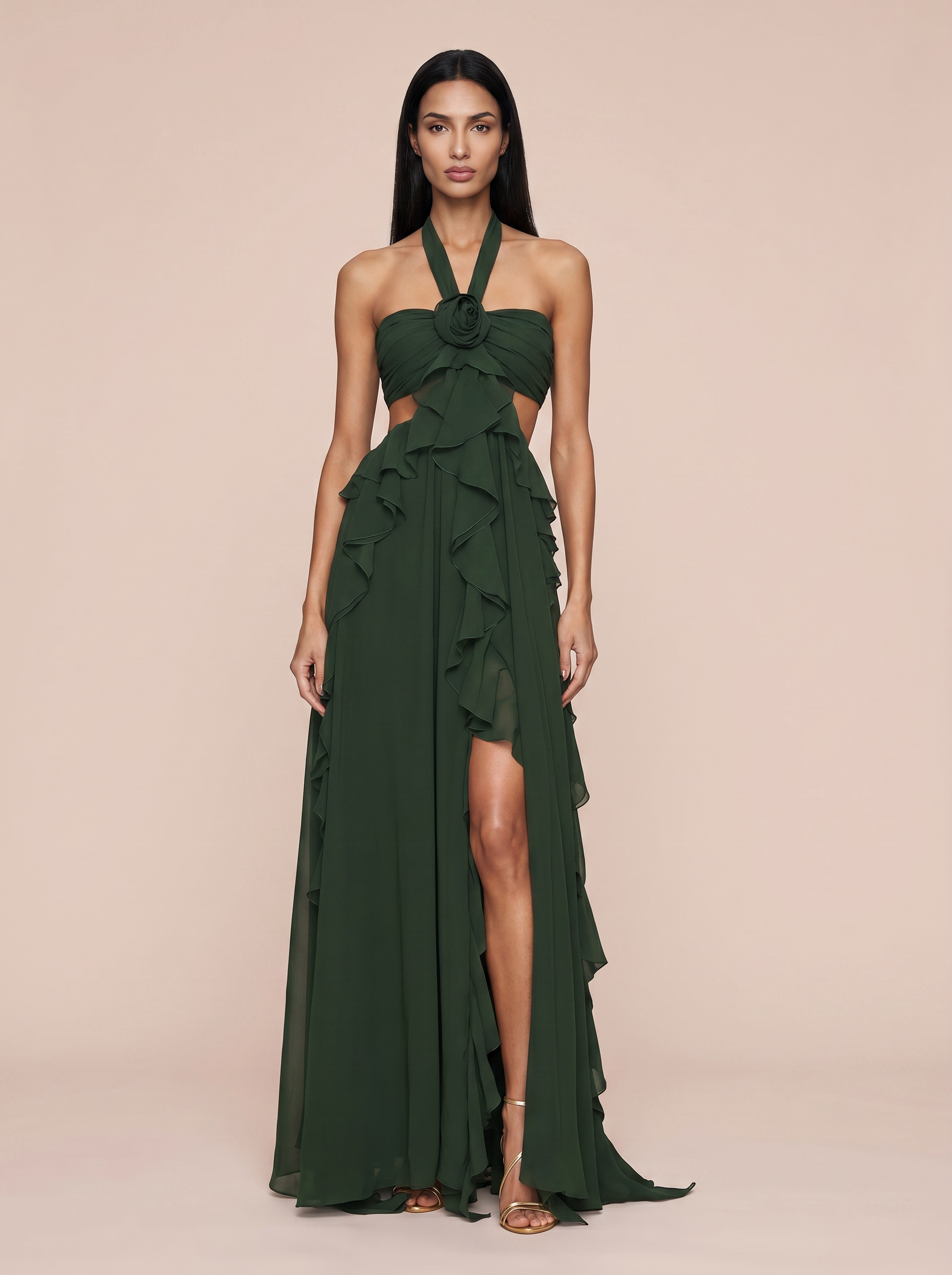 Rinea Green 3D Flower Halter Ruffle Maxi Dress - Nubae