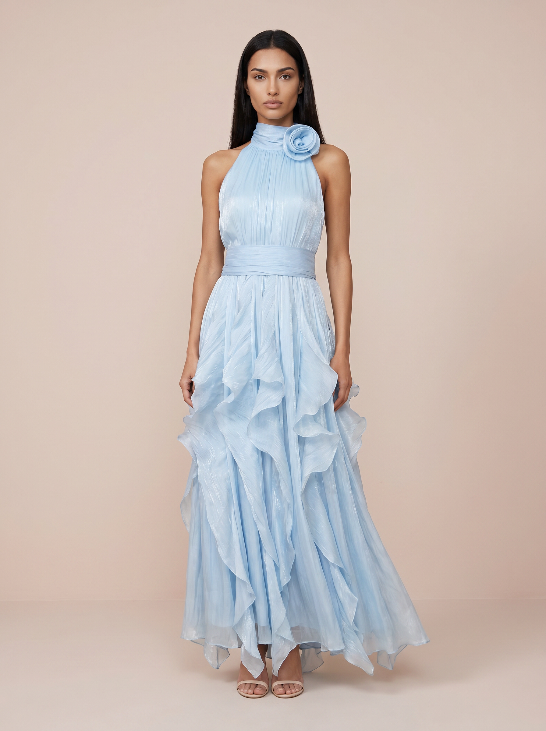 Emerea Halter Ruffle Flower Sleeveless Maxi Dress - Nubae