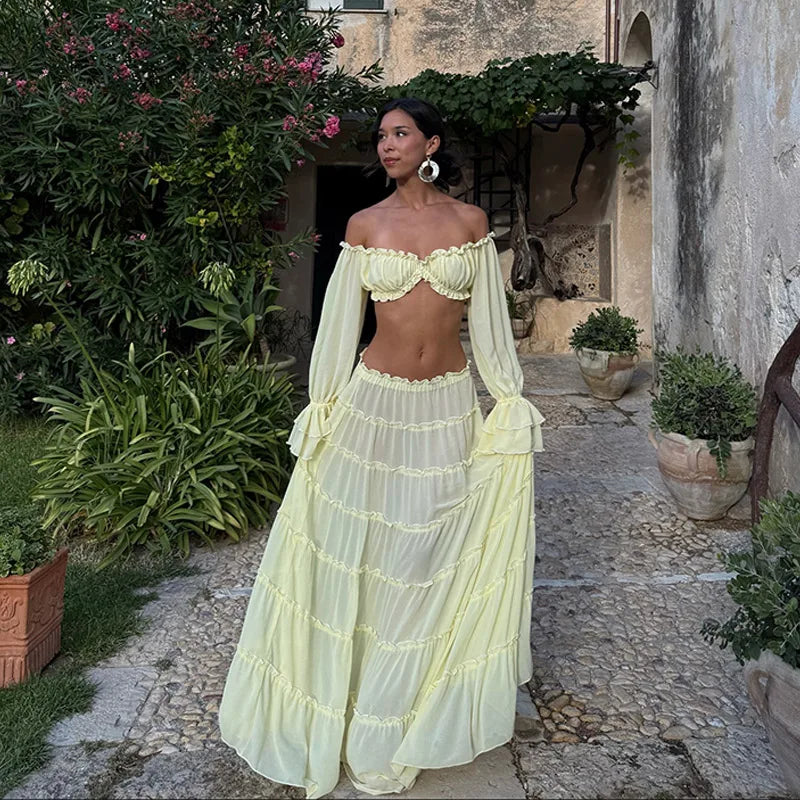 Elodie Elegant Yellow Off Shoulder Two Piece Set - Nubae