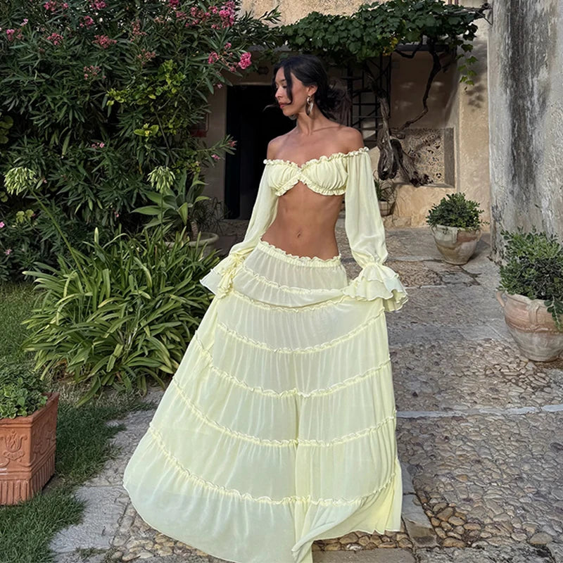 Elodie Elegant Yellow Off Shoulder Two Piece Set - Nubae