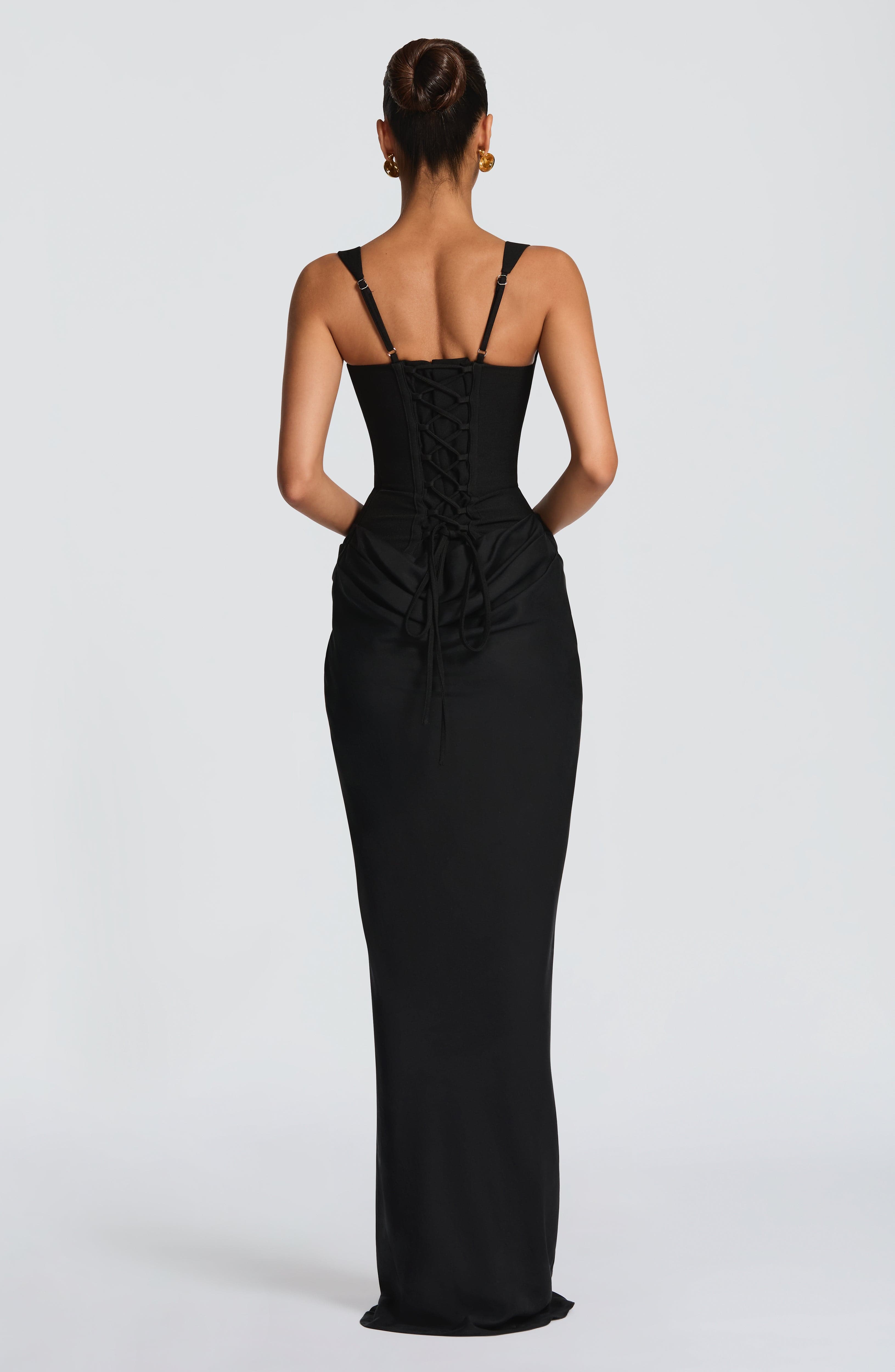 Cornelia Black Maxi Dress - Crepe & Lyocell Lace-up Back - Celeste Ricci