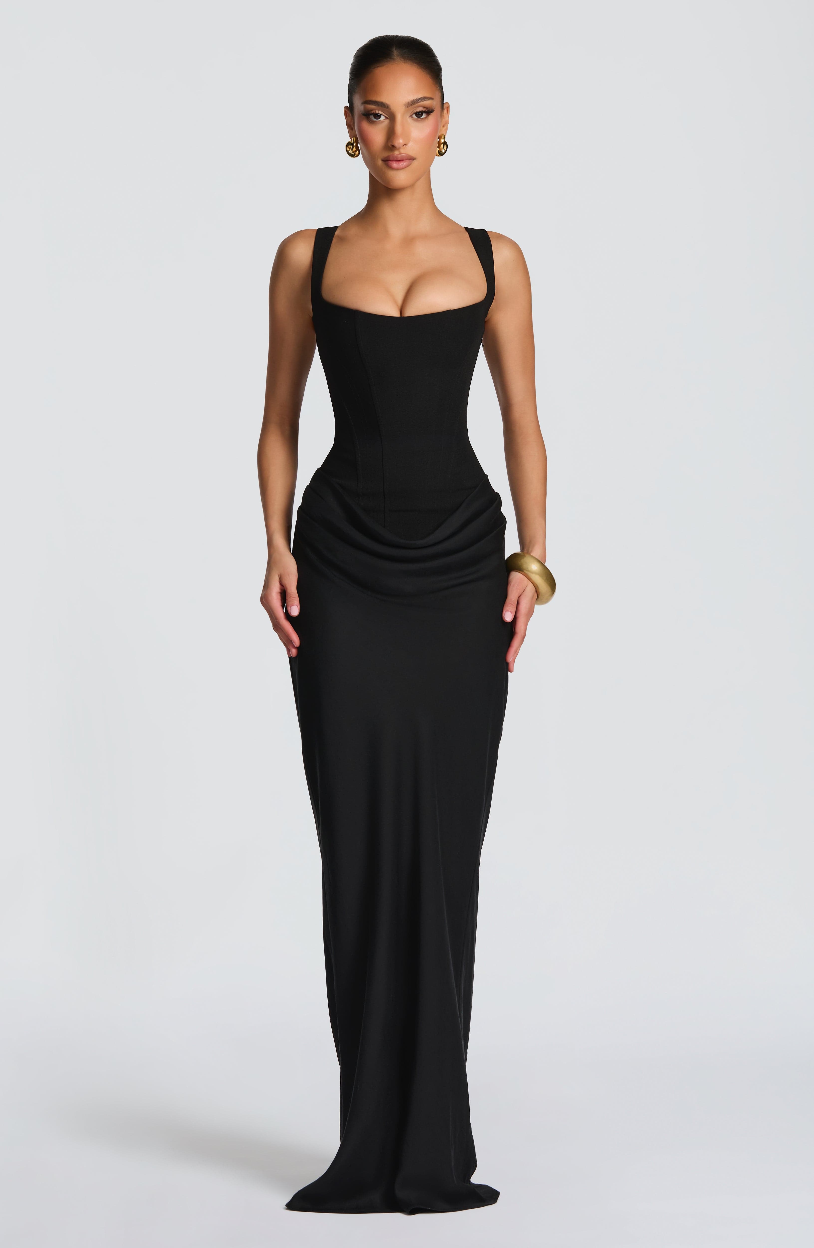 Cornelia Black Maxi Dress - Crepe & Lyocell Lace-up Back - Celeste Ricci