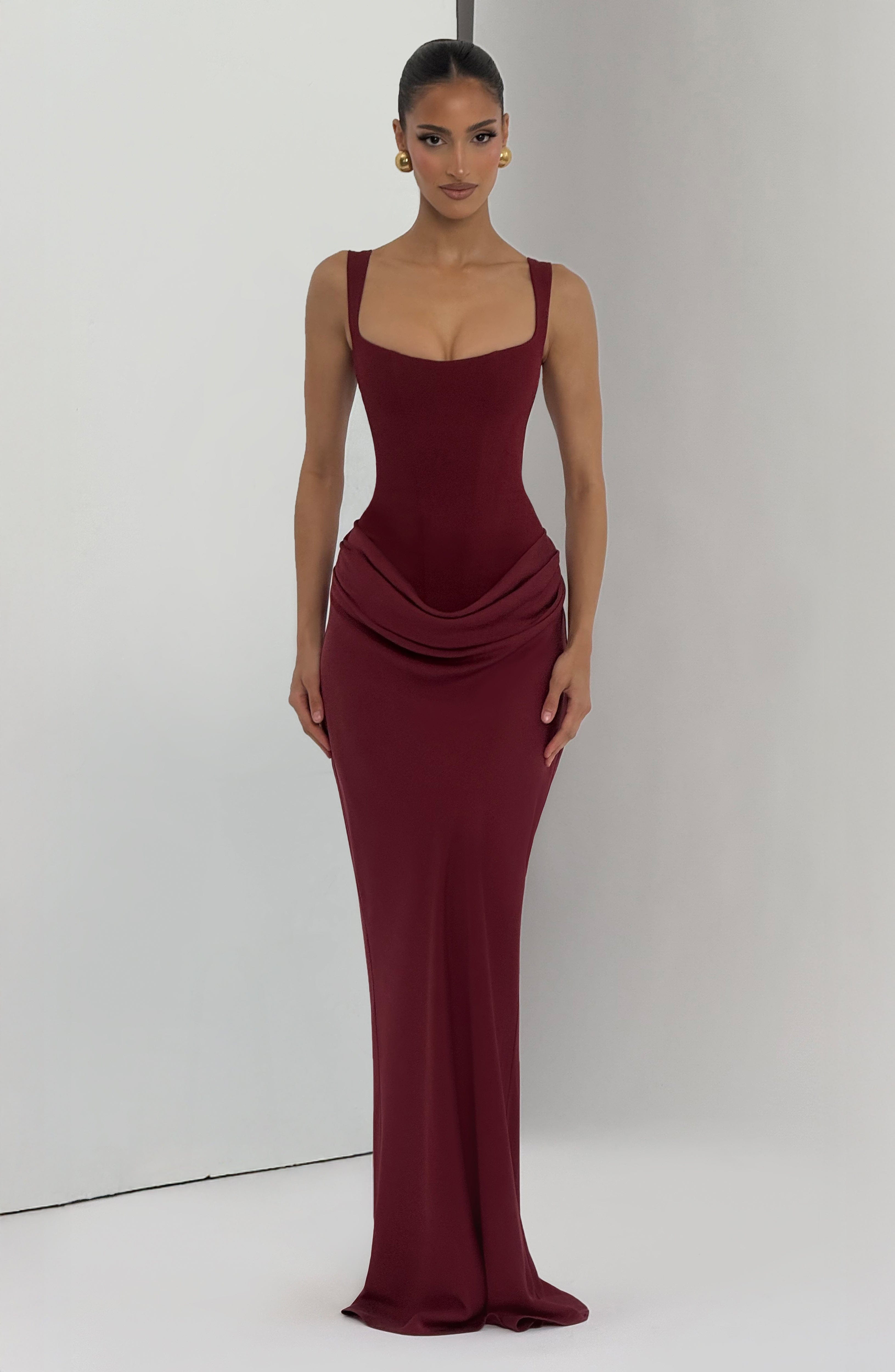 Cornelia Burgundy Maxi Dress - Crepe Corset Bodice Lace Up Back - Celeste Ricci