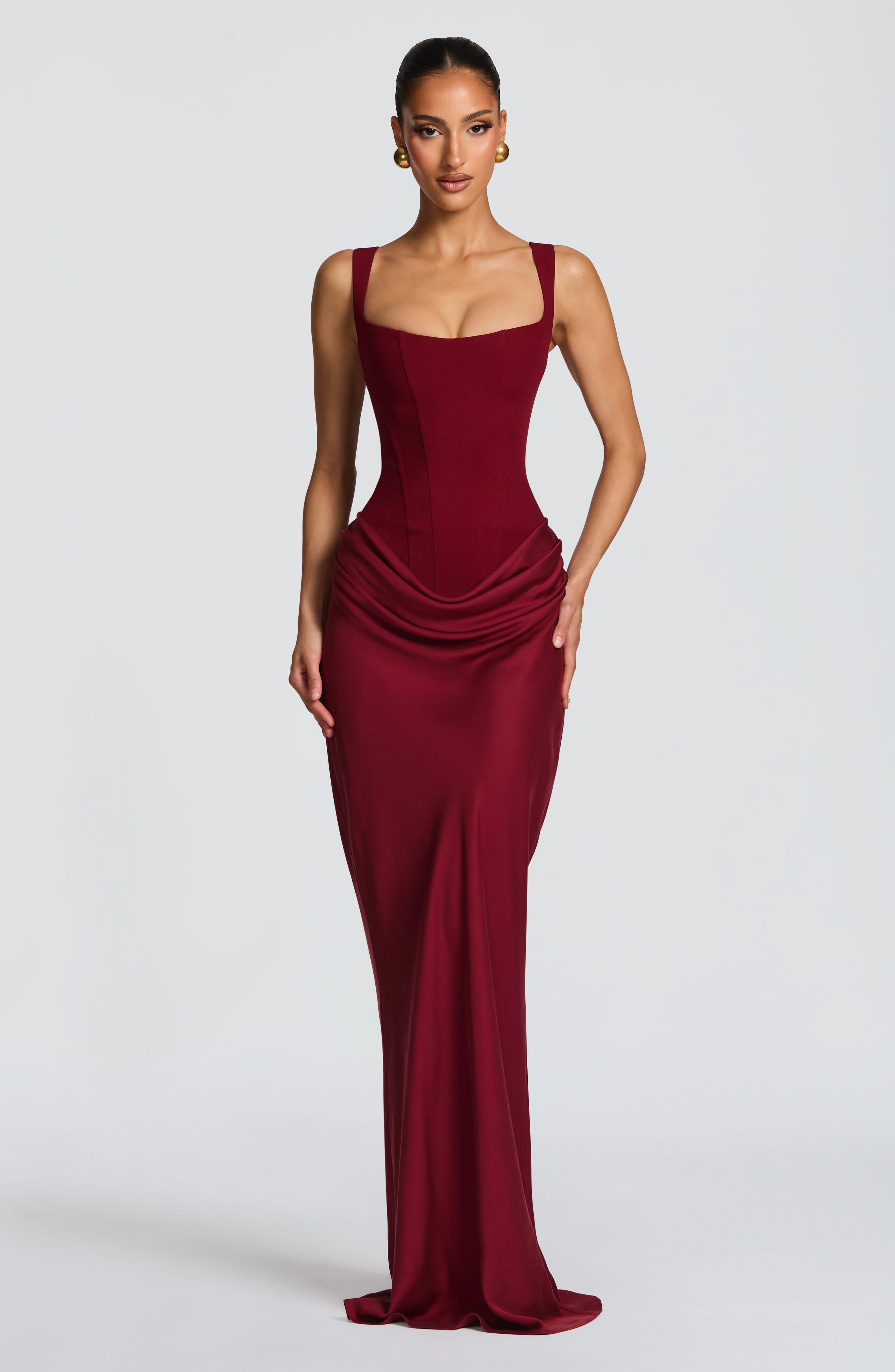 Cornelia Burgundy Maxi Dress - Crepe Corset Bodice Lace Up Back - Celeste Ricci