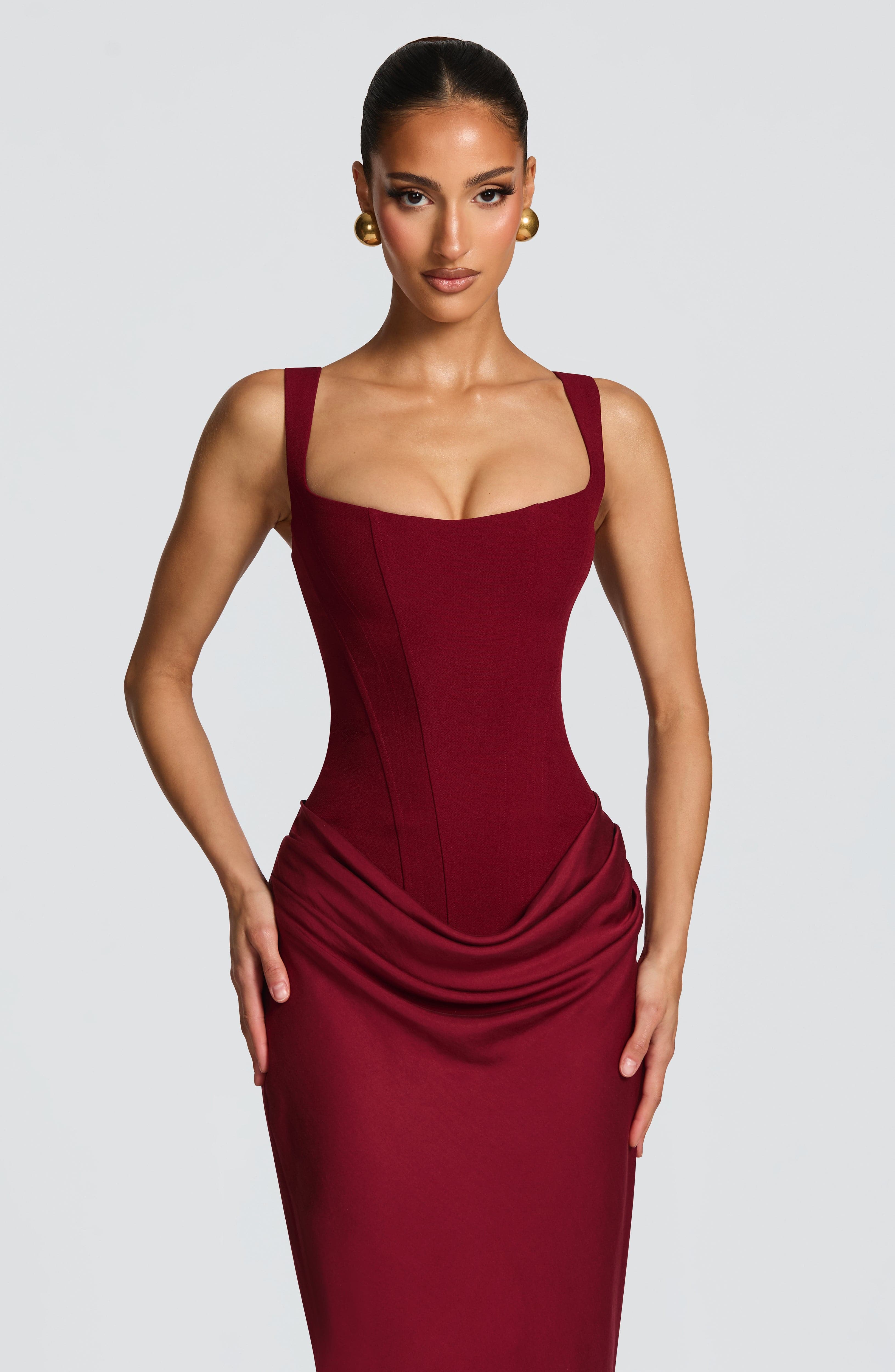 Cornelia Burgundy Maxi Dress - Crepe Corset Bodice Lace Up Back - Celeste Ricci
