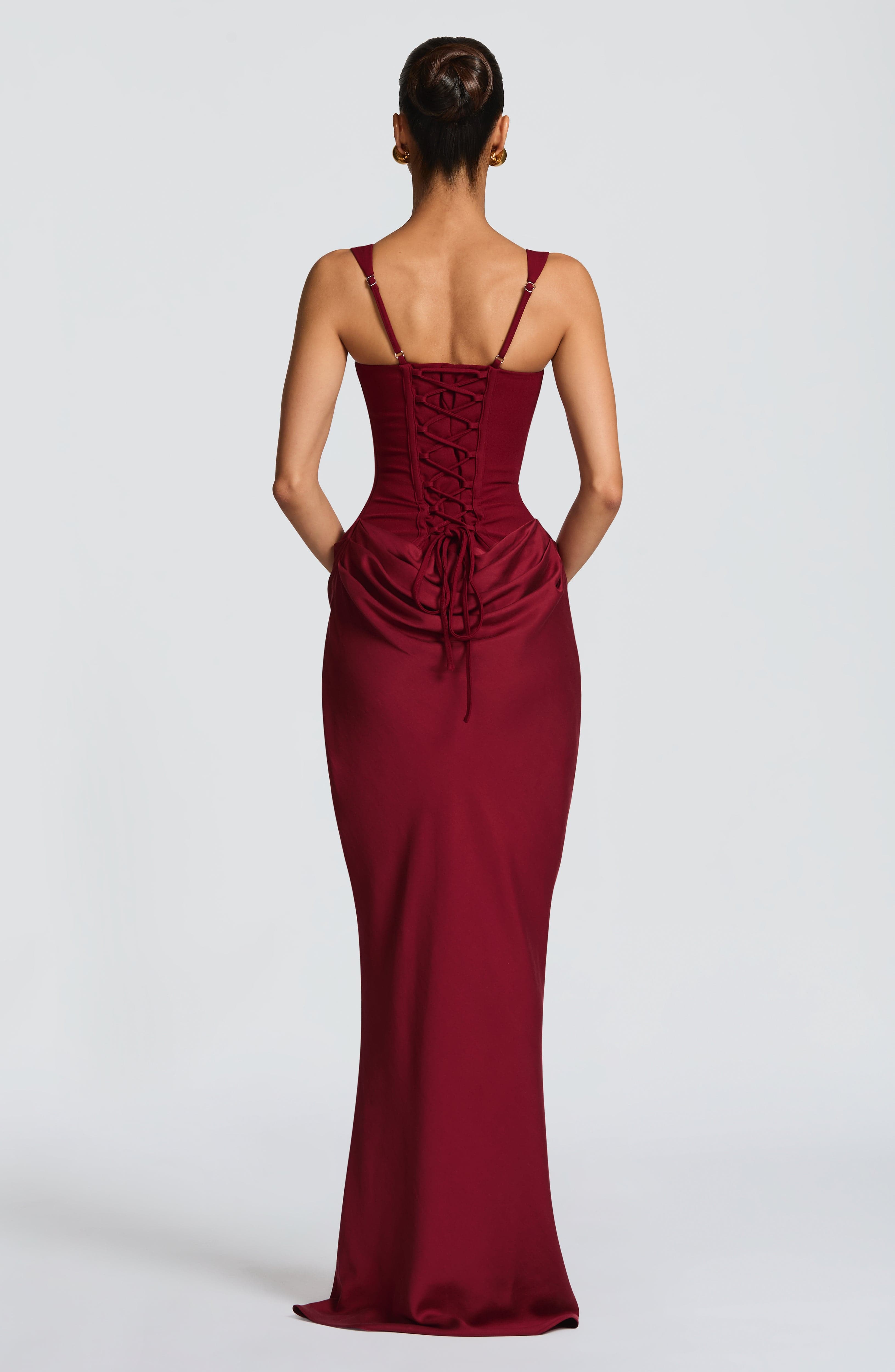 Cornelia Burgundy Maxi Dress - Crepe Corset Bodice Lace Up Back - Celeste Ricci