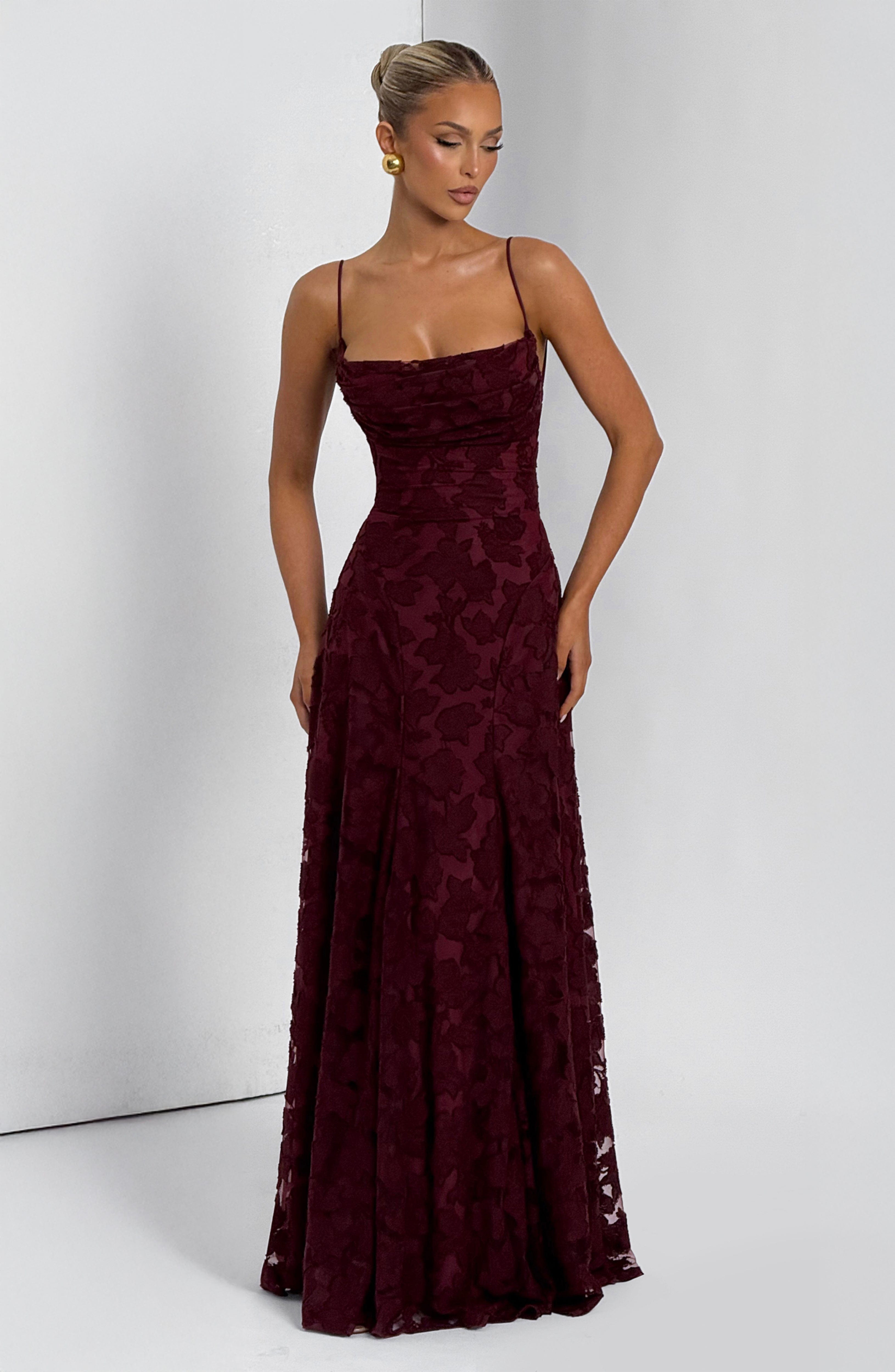 Francis Maxi Dress - Cherry Lacquer Floral Burnout Cowl Neck - Celeste Ricci