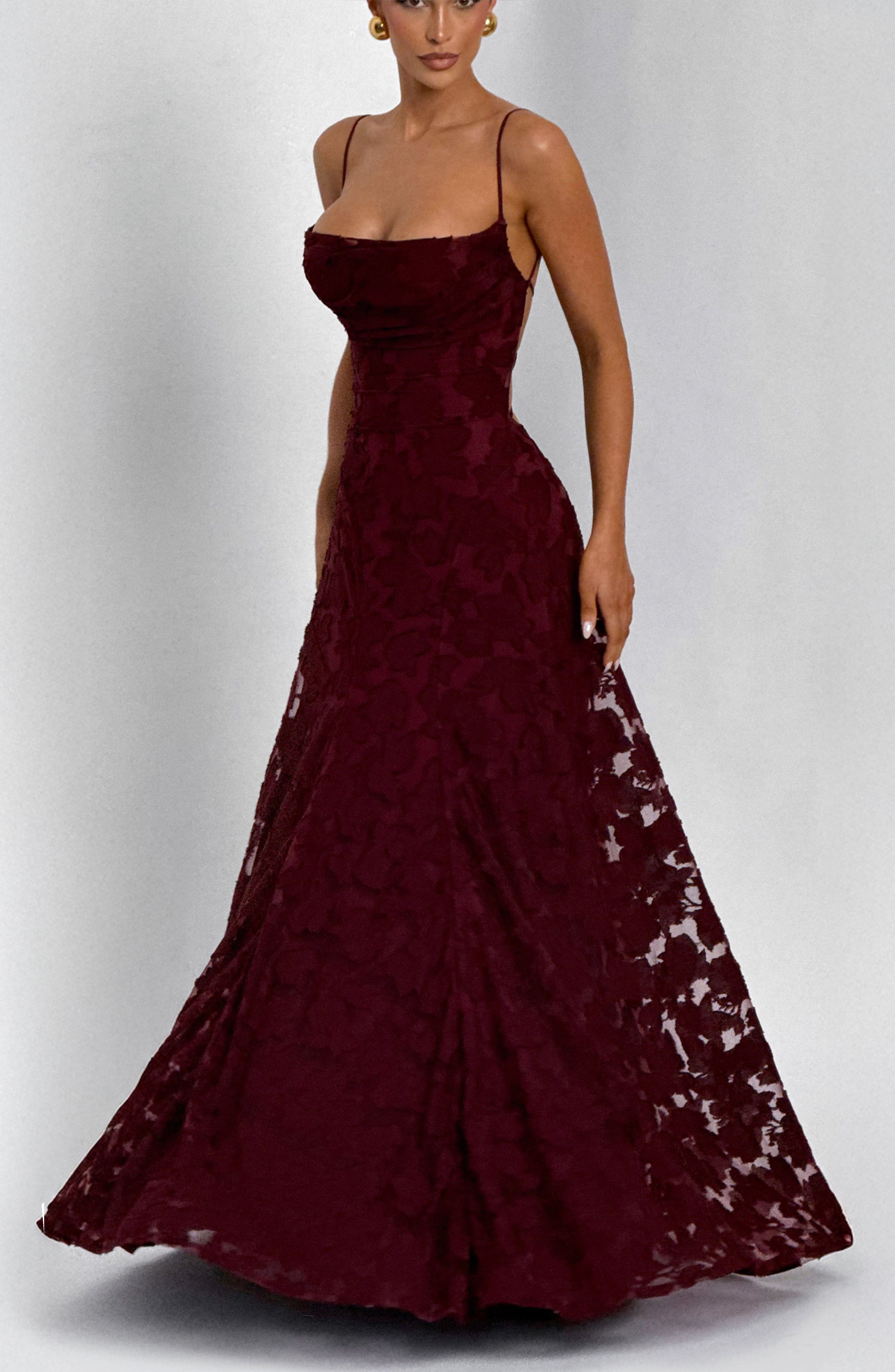 Francis Maxi Dress - Cherry Lacquer Floral Burnout Cowl Neck - Celeste Ricci