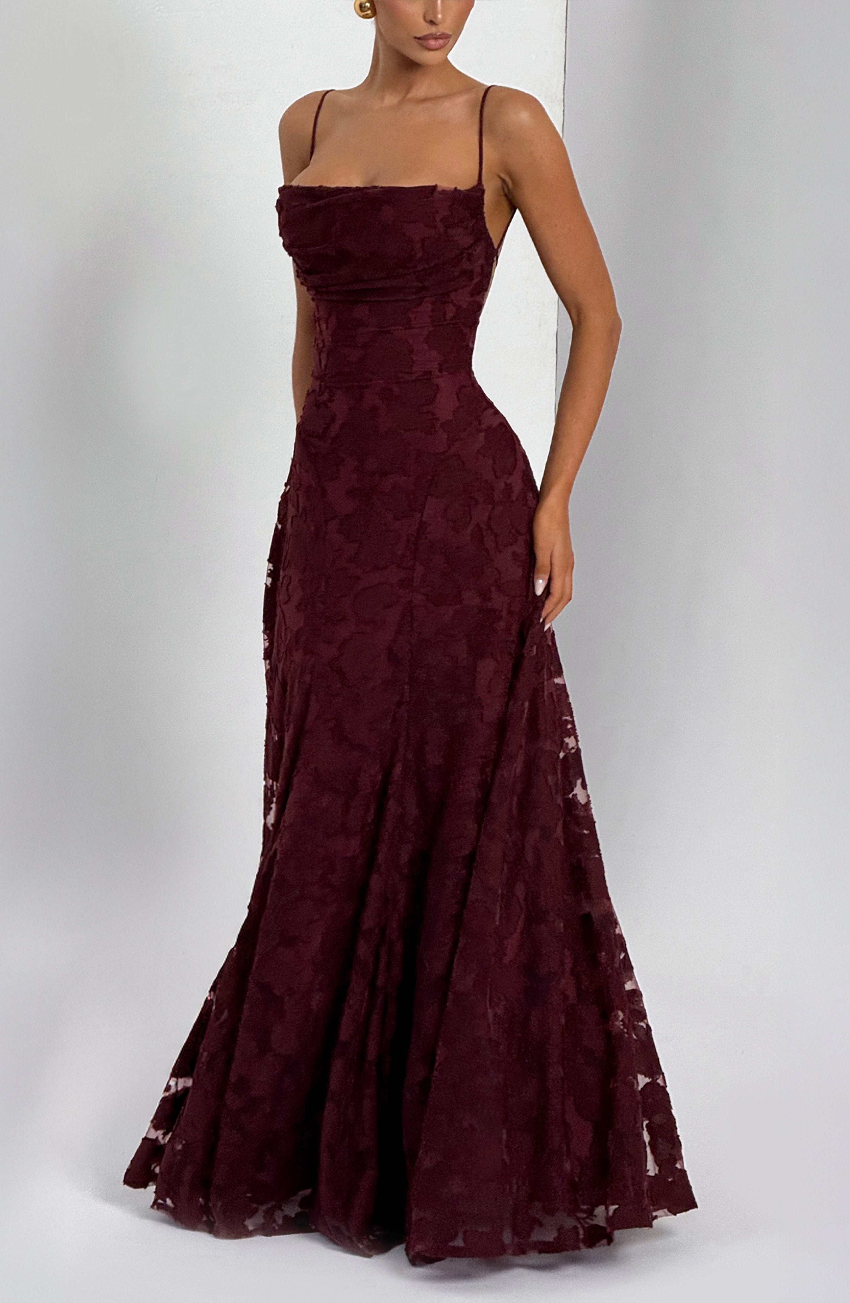 Francis Maxi Dress - Cherry Lacquer Floral Burnout Cowl Neck - Celeste Ricci
