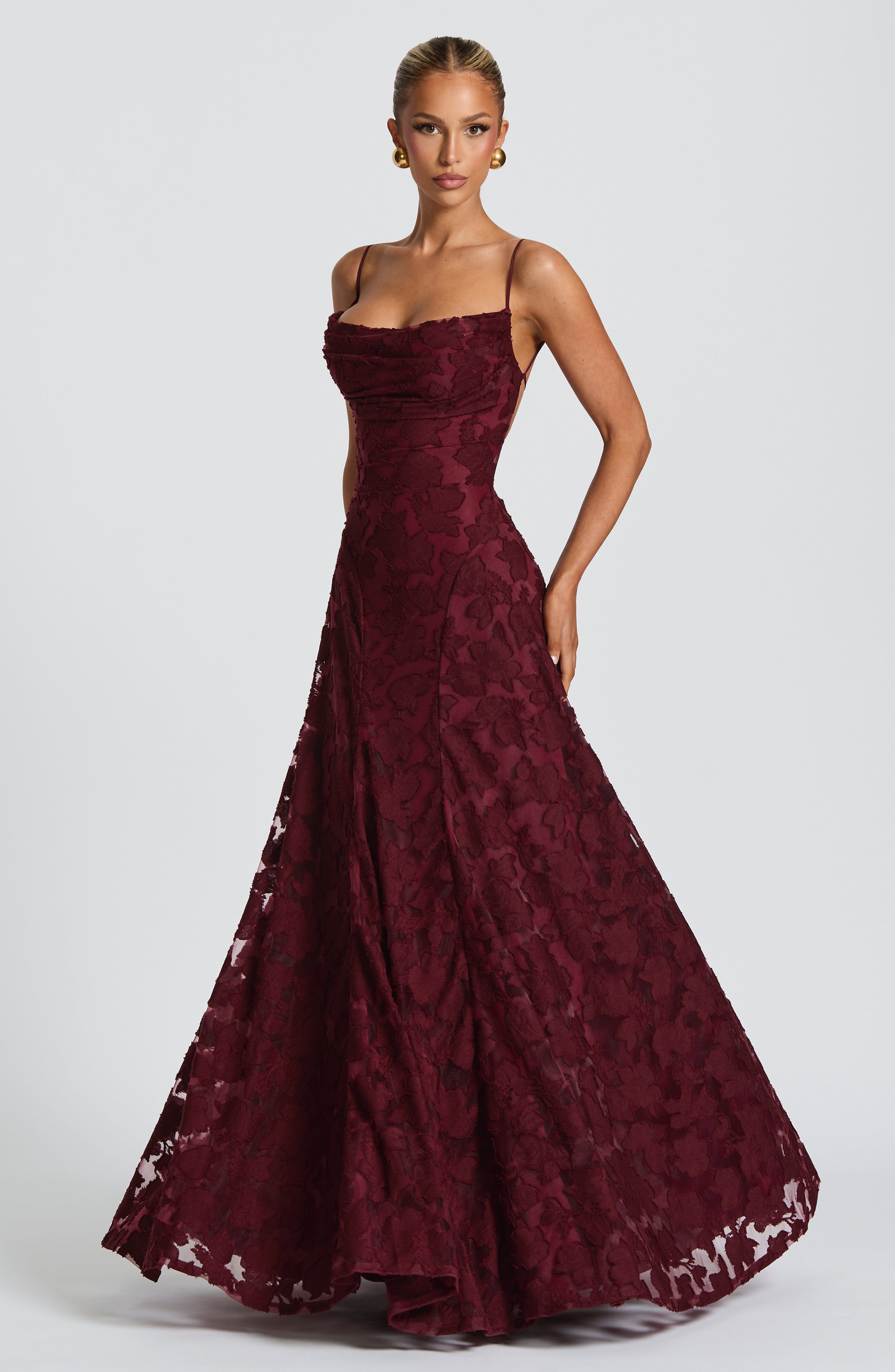 Francis Maxi Dress - Cherry Lacquer Floral Burnout Cowl Neck - Celeste Ricci