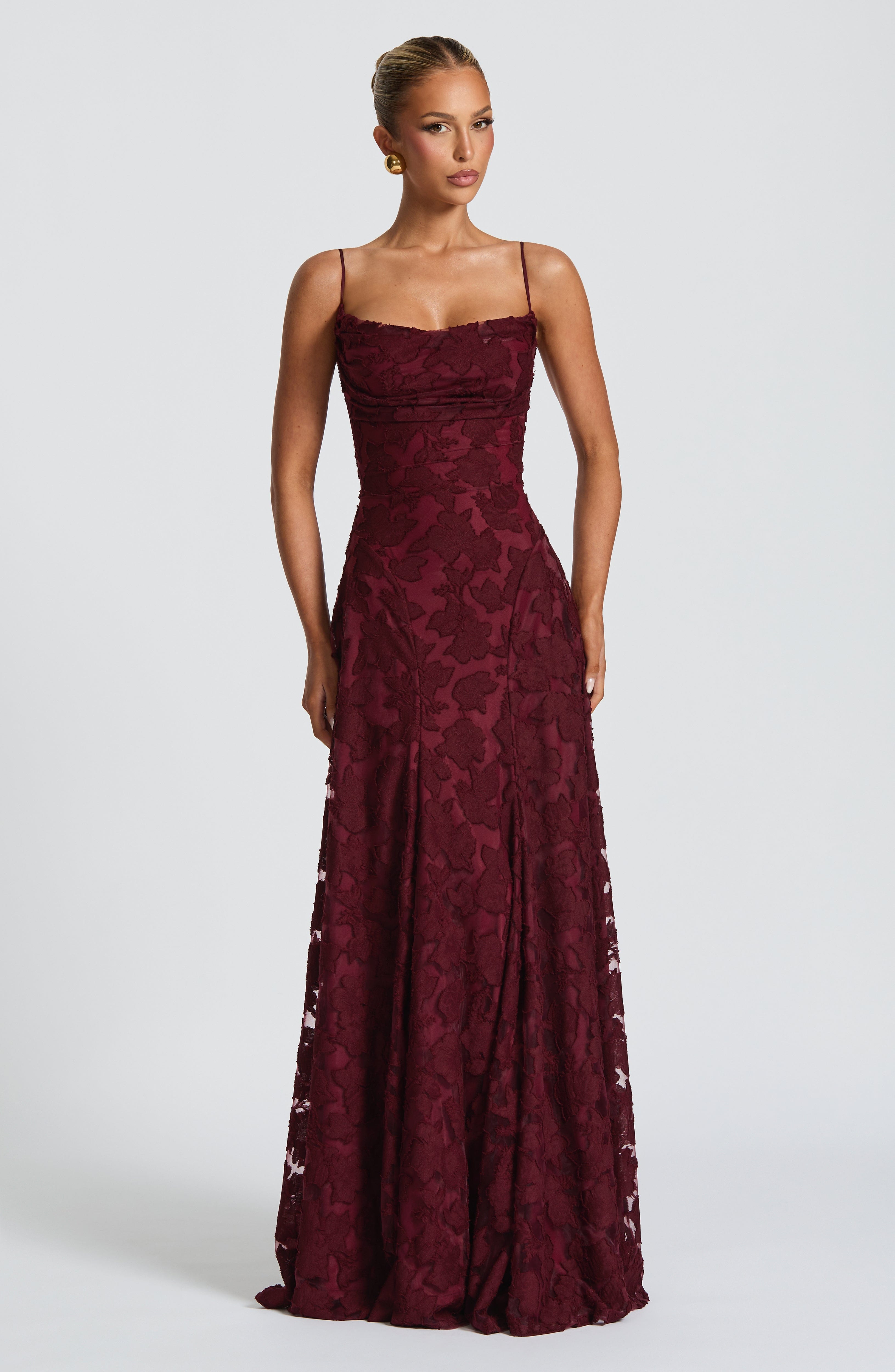 Francis Maxi Dress - Cherry Lacquer Floral Burnout Cowl Neck - Celeste Ricci