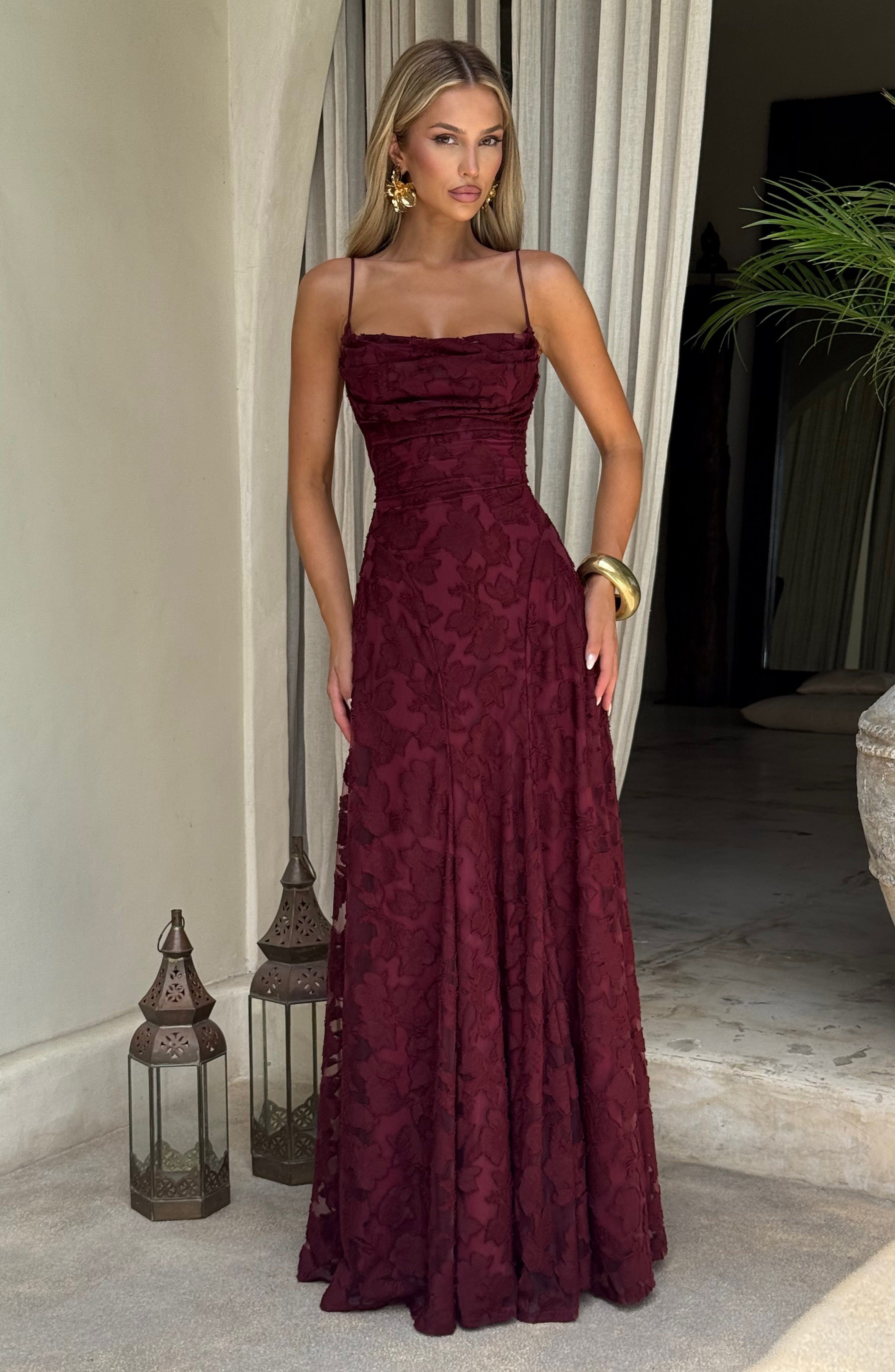 Francis Maxi Dress - Cherry Lacquer Floral Burnout Cowl Neck - Celeste Ricci