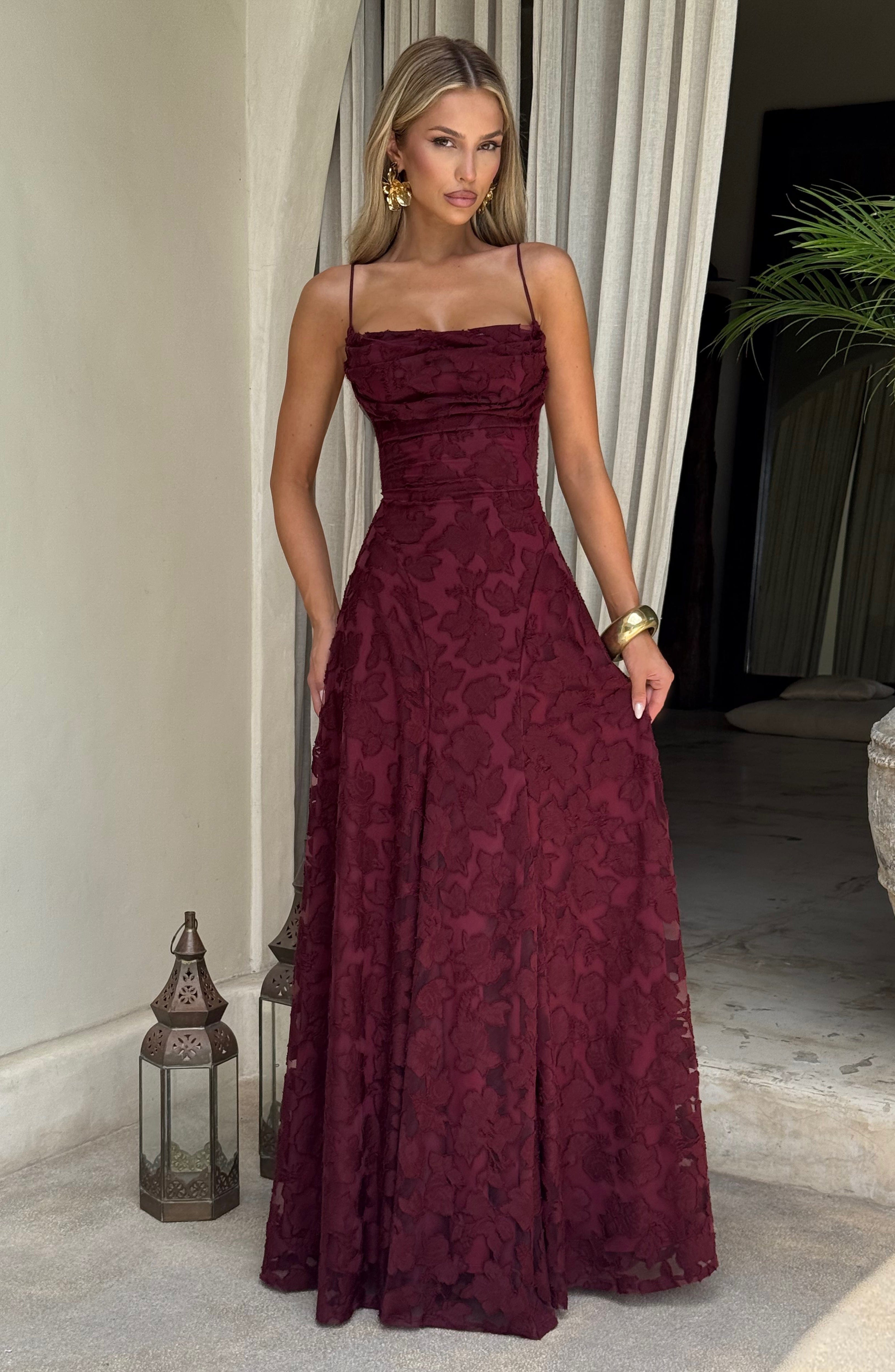 Francis Maxi Dress - Cherry Lacquer Floral Burnout Cowl Neck - Celeste Ricci