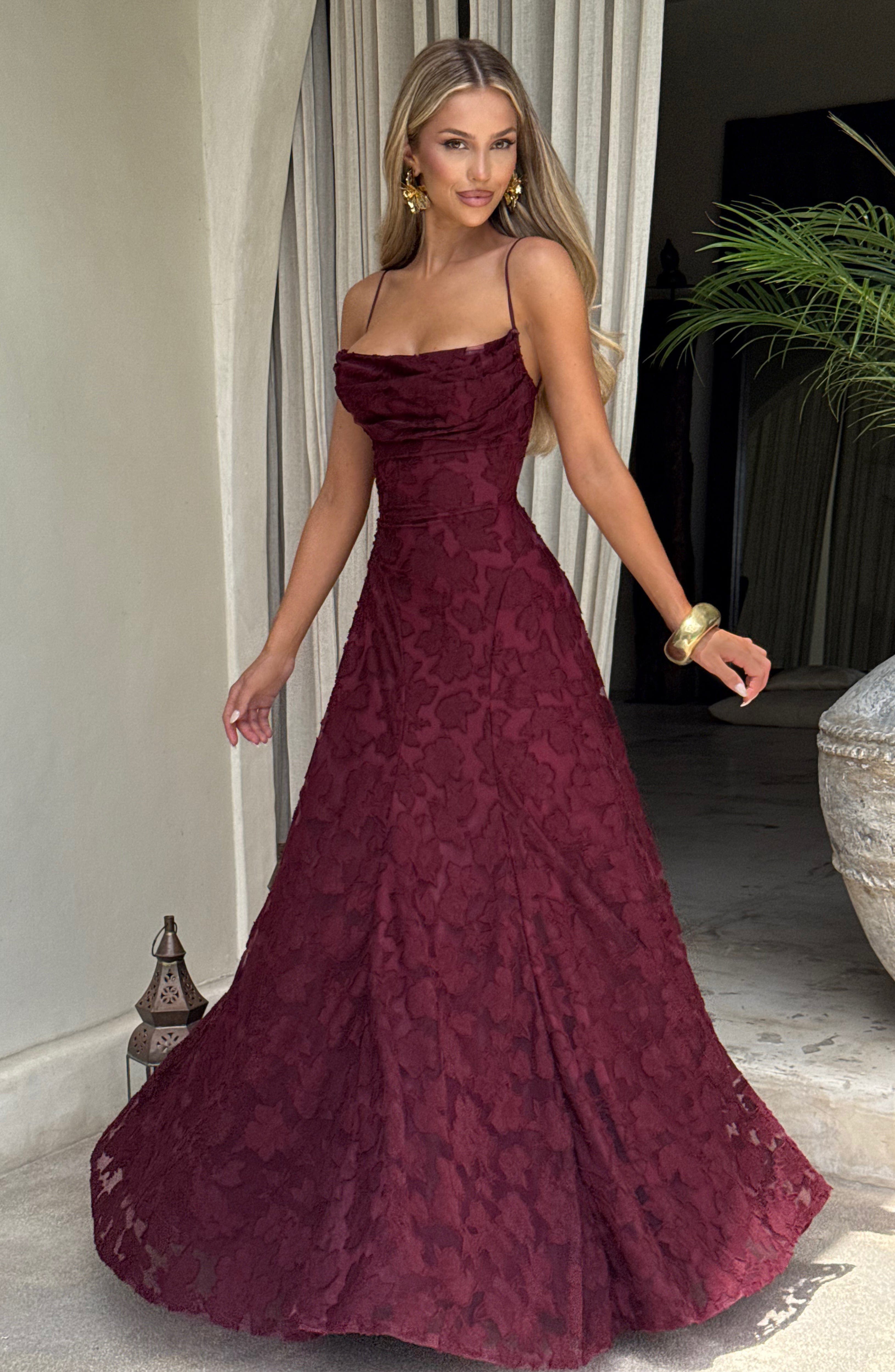 Francis Maxi Dress - Cherry Lacquer Floral Burnout Cowl Neck - Celeste Ricci