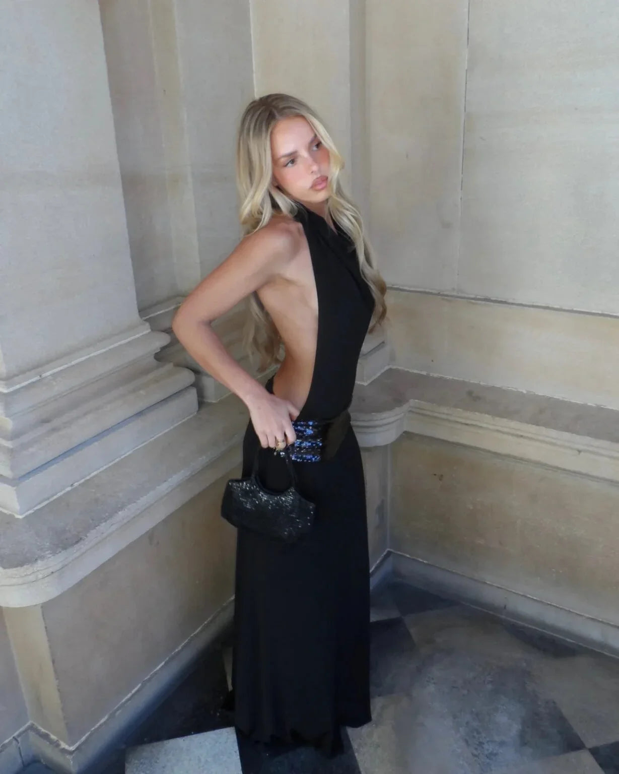 Kiyah Black Backless Sequin Maxi Dress - Nubae